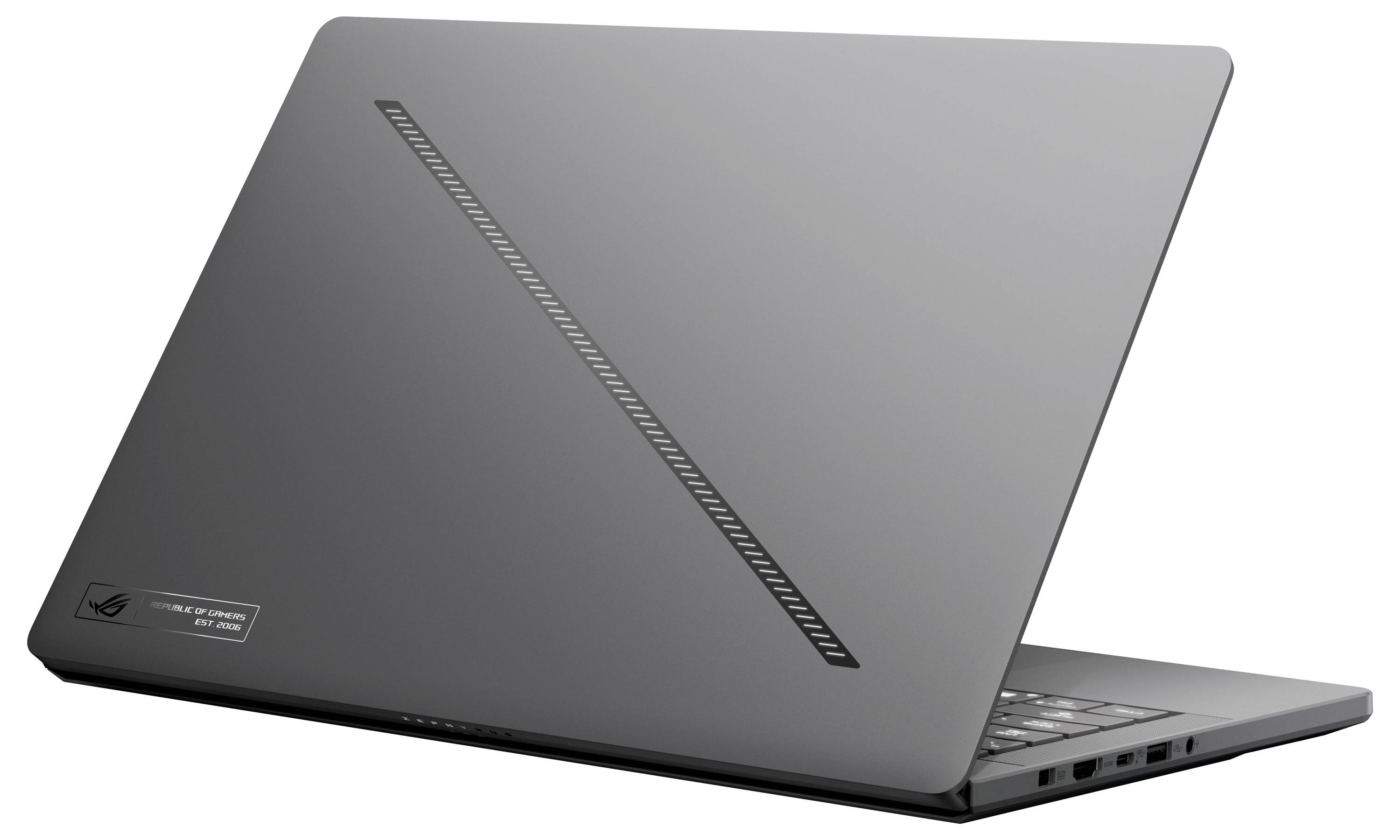 Ein grauer Laptop mit geschlossenem Deckel, diagonalem Lüftungsschlitz und Logo auf der linken unteren Ecke.