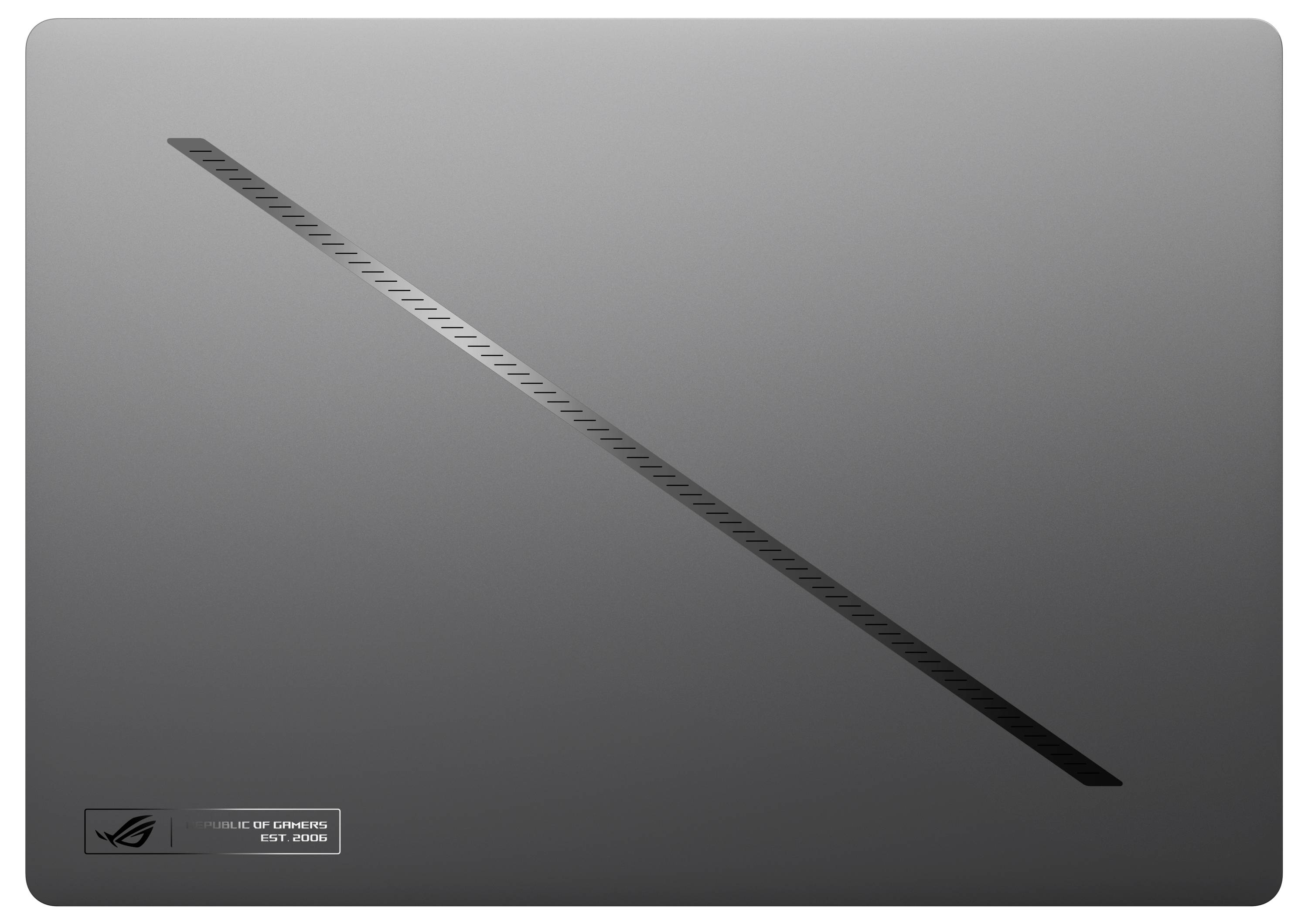 Ein graues Laptop-Gehäuse mit einem diagonalen schwarzen Streifen und einem kleinen Logo in der unteren linken Ecke.