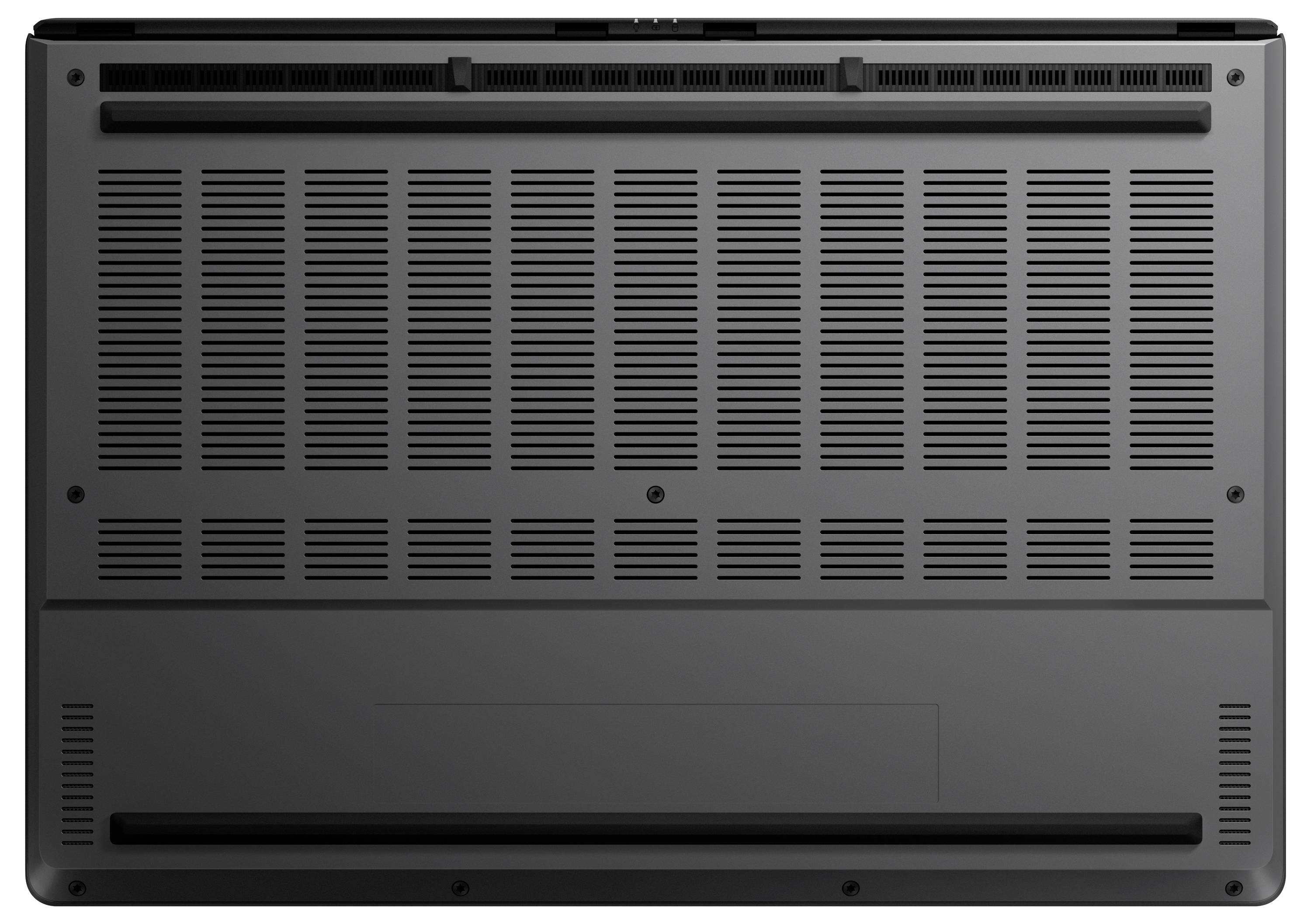 Unterseite eines Laptops mit Lüftungsschlitzen und Gummifüßen, zeigt das Belüftungsdesign zur Wärmeabführung.