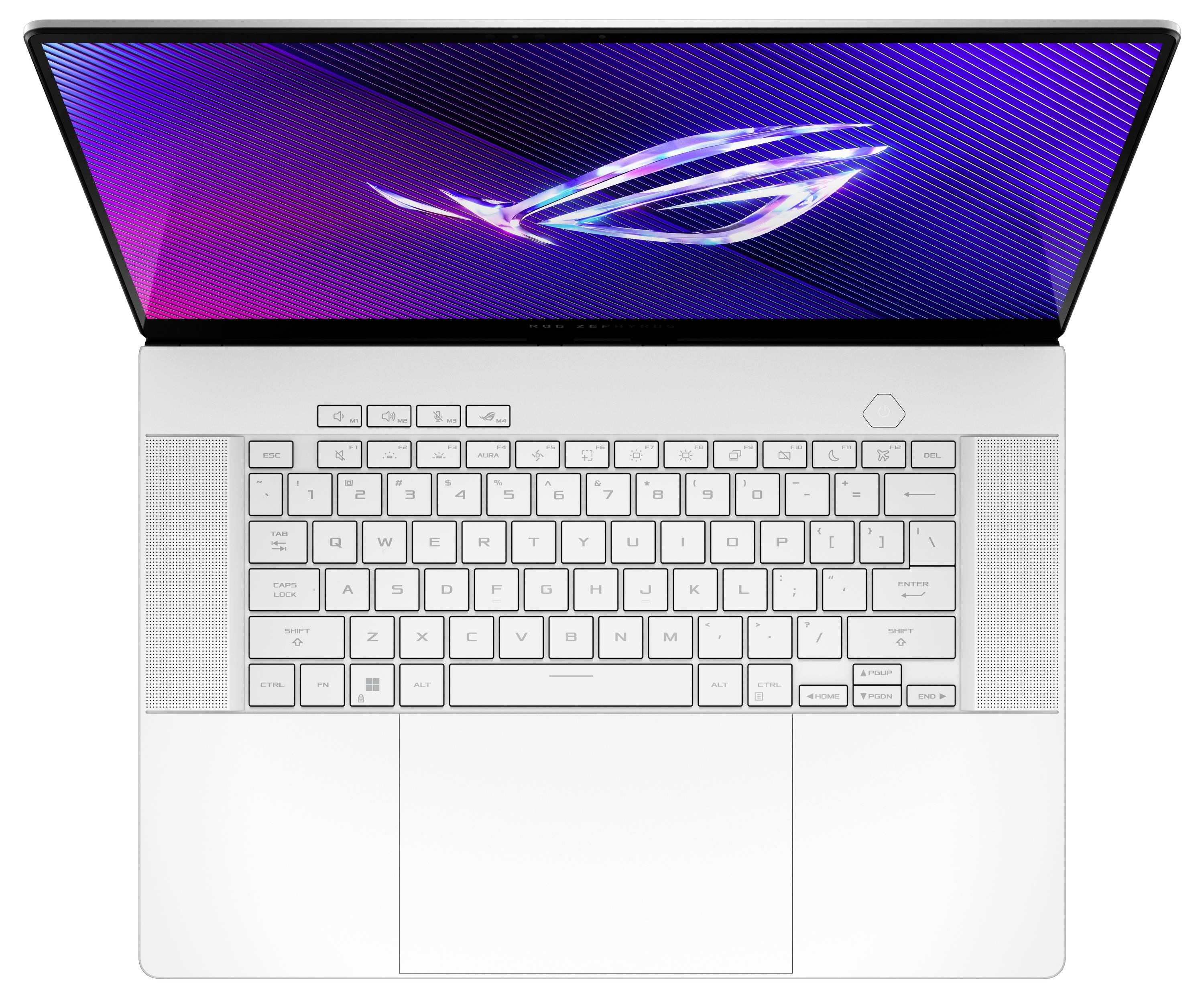 Ein weißer Laptop mit beleuchteter Tastatur und großem Touchpad. Das Bildschirmlogo zeigt farbige, leicht geschwungene Linien.