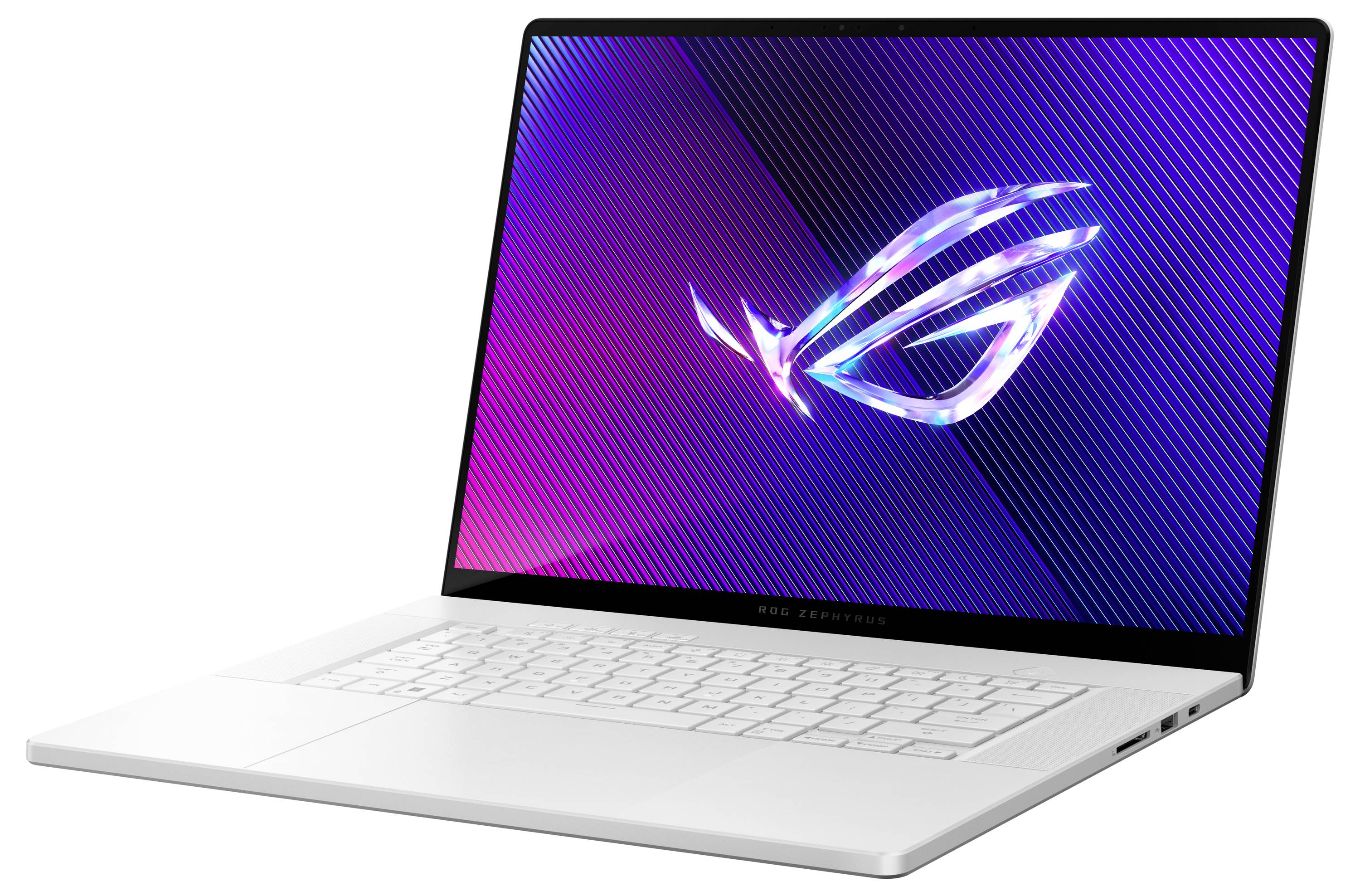 Ein weißer Laptop mit einem leuchtenden Bildschirm, das Logo eines Unternehmens zeigt in lebhaften Farben. Der Laptop ist leicht angewinkelt.
