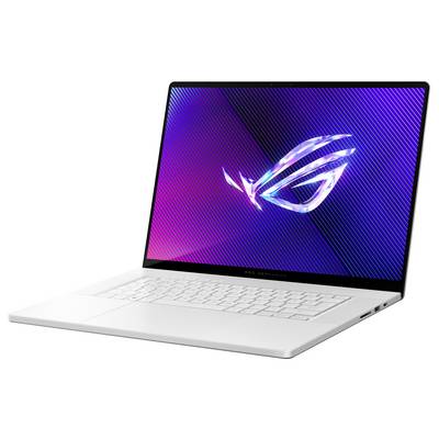 Ein weißer Laptop mit einem leuchtenden Bildschirm, das Logo eines Unternehmens zeigt in lebhaften Farben. Der Laptop ist leicht angewinkelt.