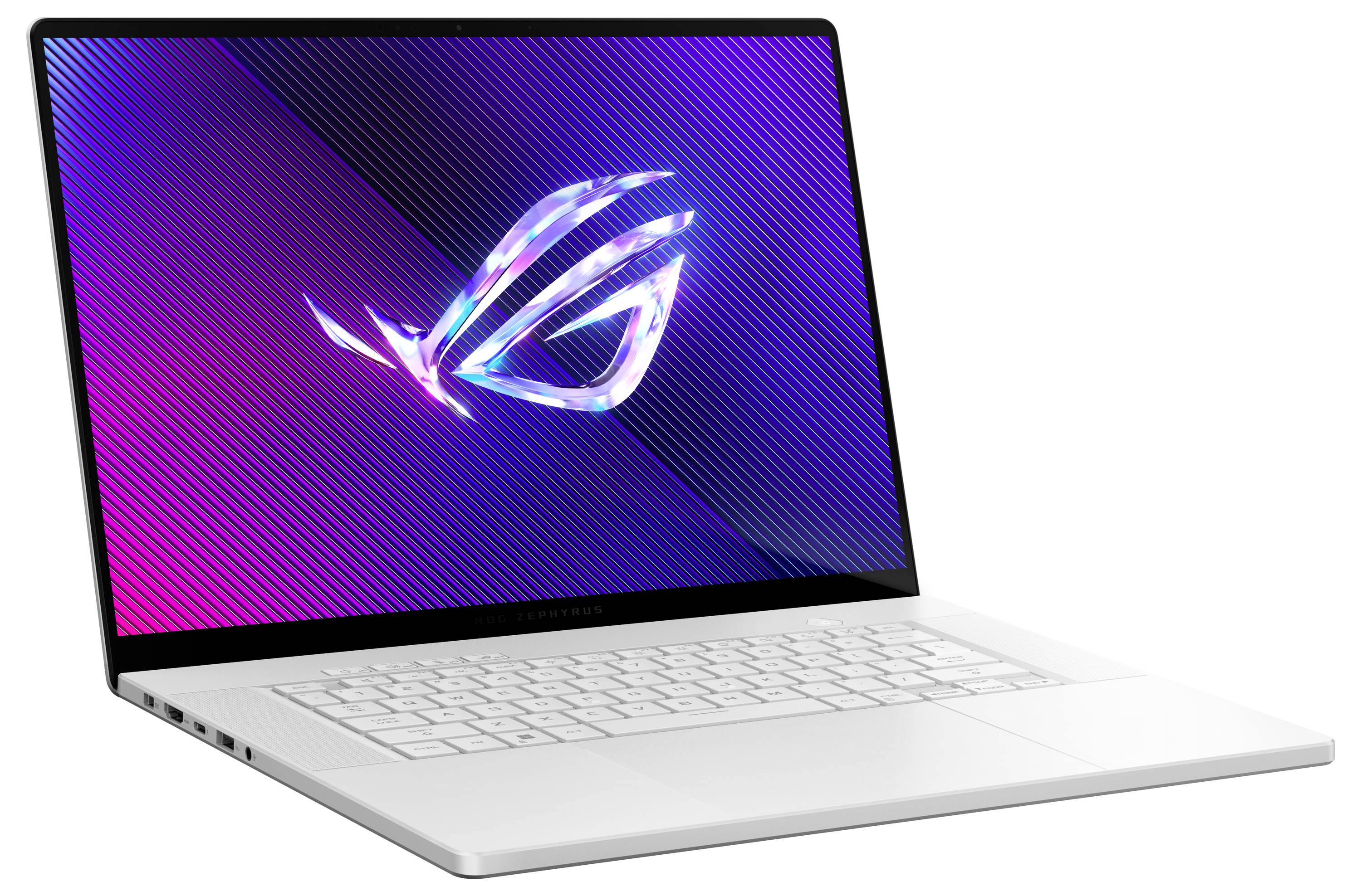 Ein weißer Laptop mit beleuchtetem Logo auf dem Bildschirm, das von violettem zu blauem Hintergrund verläuft.