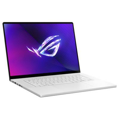 Ein weißer Laptop mit beleuchtetem Logo auf dem Bildschirm, das von violettem zu blauem Hintergrund verläuft.