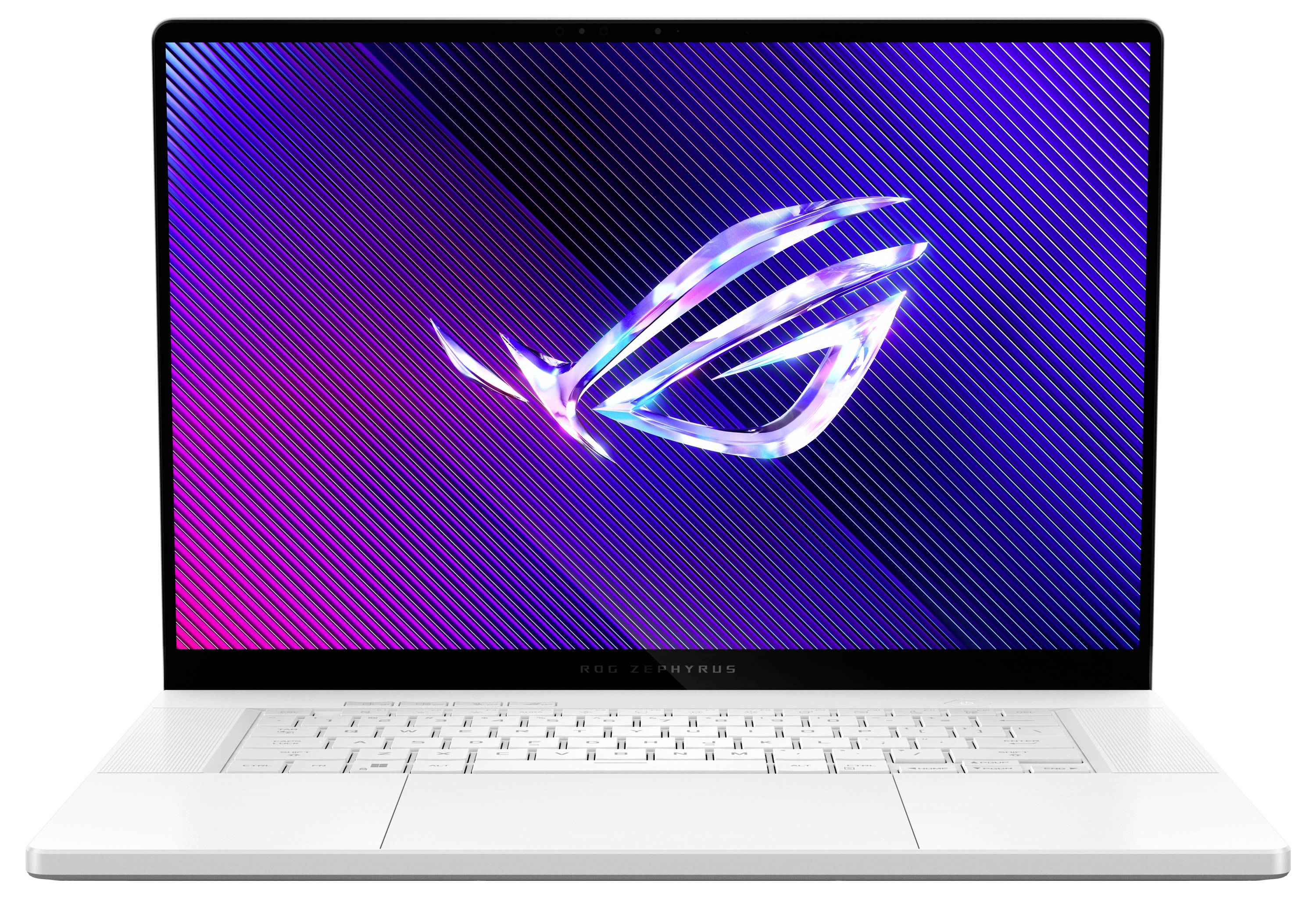 Ein weißer Laptop mit auffälligem Logo auf dem Bildschirm, das ein stilisiertes Auge darstellt. Das Gerät hat eine schlanke Bauform.