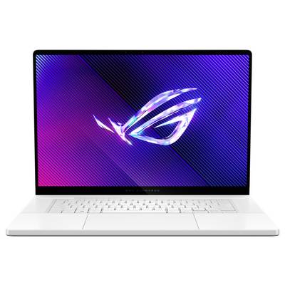 Ein weißer Laptop mit auffälligem Logo auf dem Bildschirm, das ein stilisiertes Auge darstellt. Das Gerät hat eine schlanke Bauform.