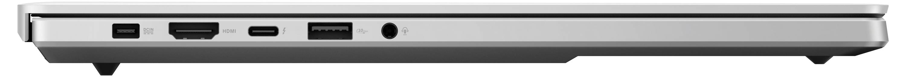 Ein Laptop von der Seite, der mehrere Anschlüsse zeigt: USB, HDMI, Kopfhörerbuchse und Netzwerkanschluss.