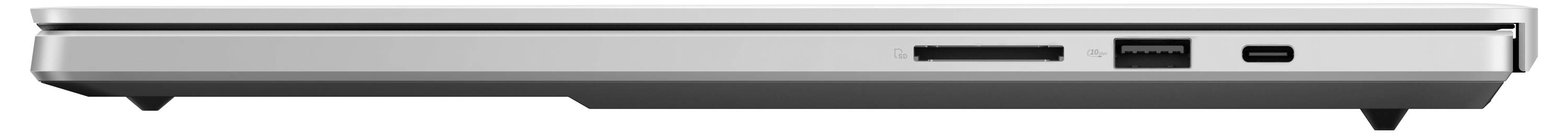Seitenansicht eines geschlossenen Laptops mit mehreren Anschlüssen auf der linken Seite.