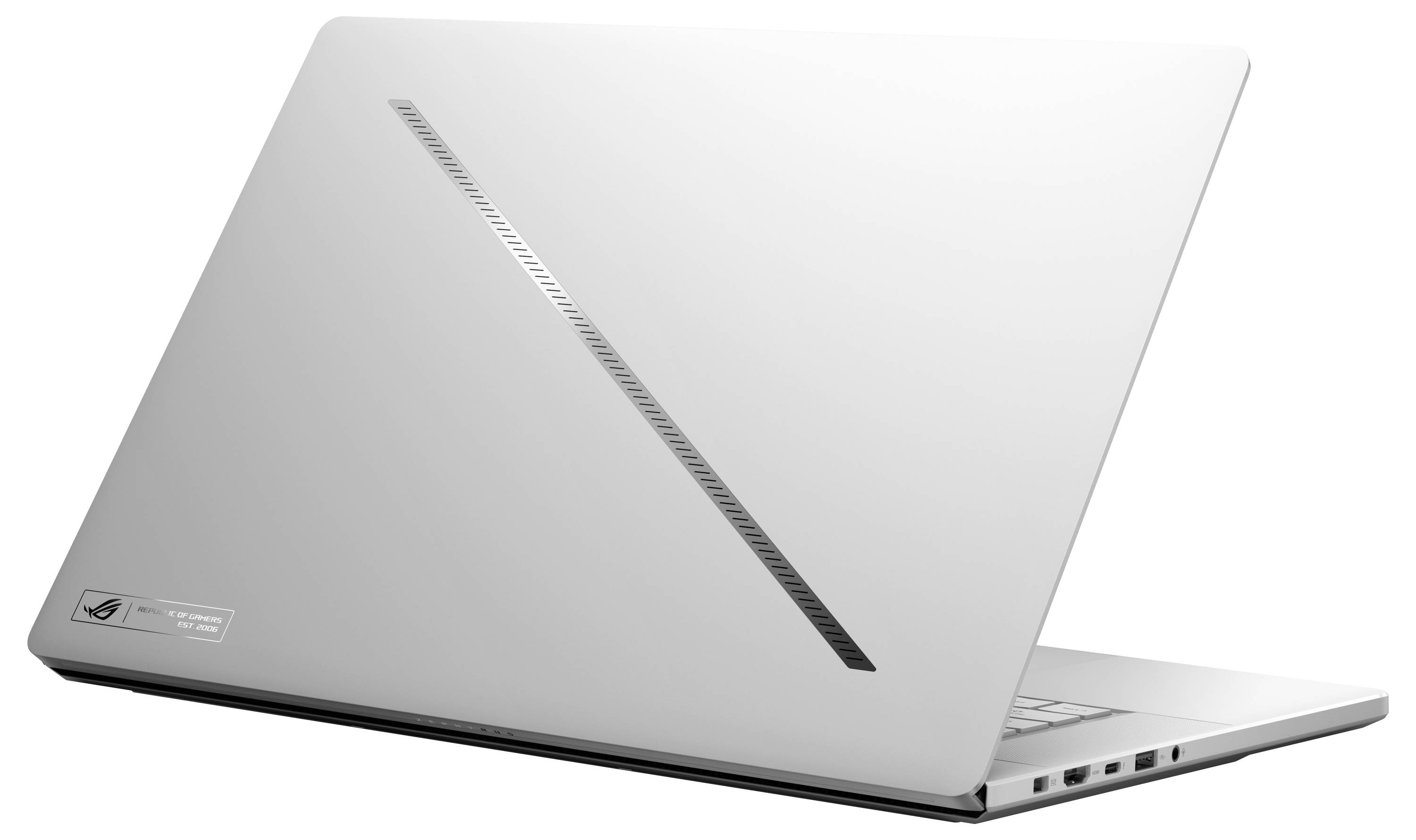 Ein silberner Laptop mit minimalistischem Design, geschlossenem Deckel, zentrierter Lüftungsschlitz auf der Rückseite, Hintergrund weiß.