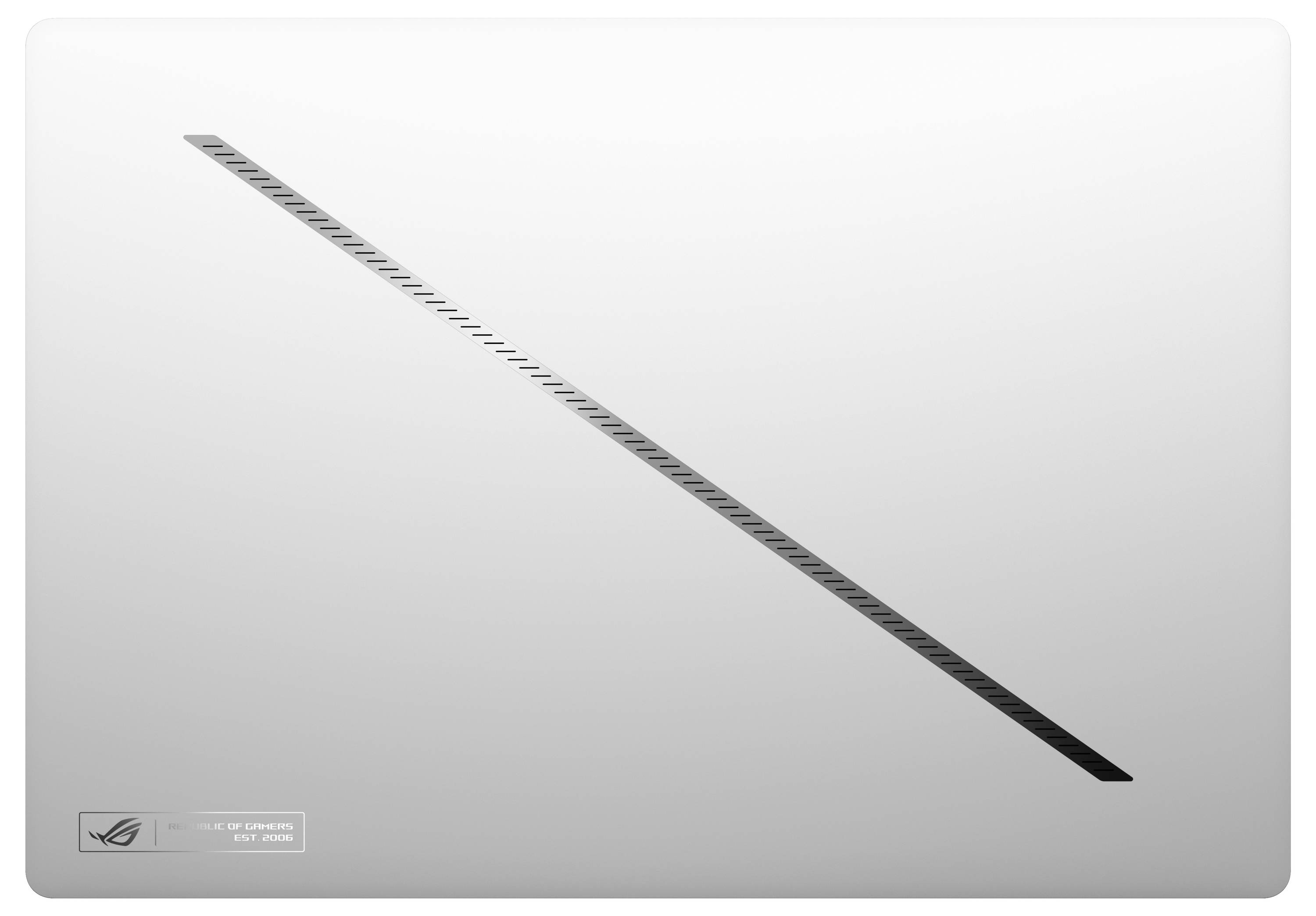 Ein metallischer Laptopdeckel mit einem diagonalen, kontrastierenden Streifen in der Mitte. Links unten ist ein Logo sichtbar.