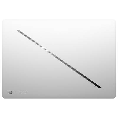Ein metallischer Laptopdeckel mit einem diagonalen, kontrastierenden Streifen in der Mitte. Links unten ist ein Logo sichtbar.