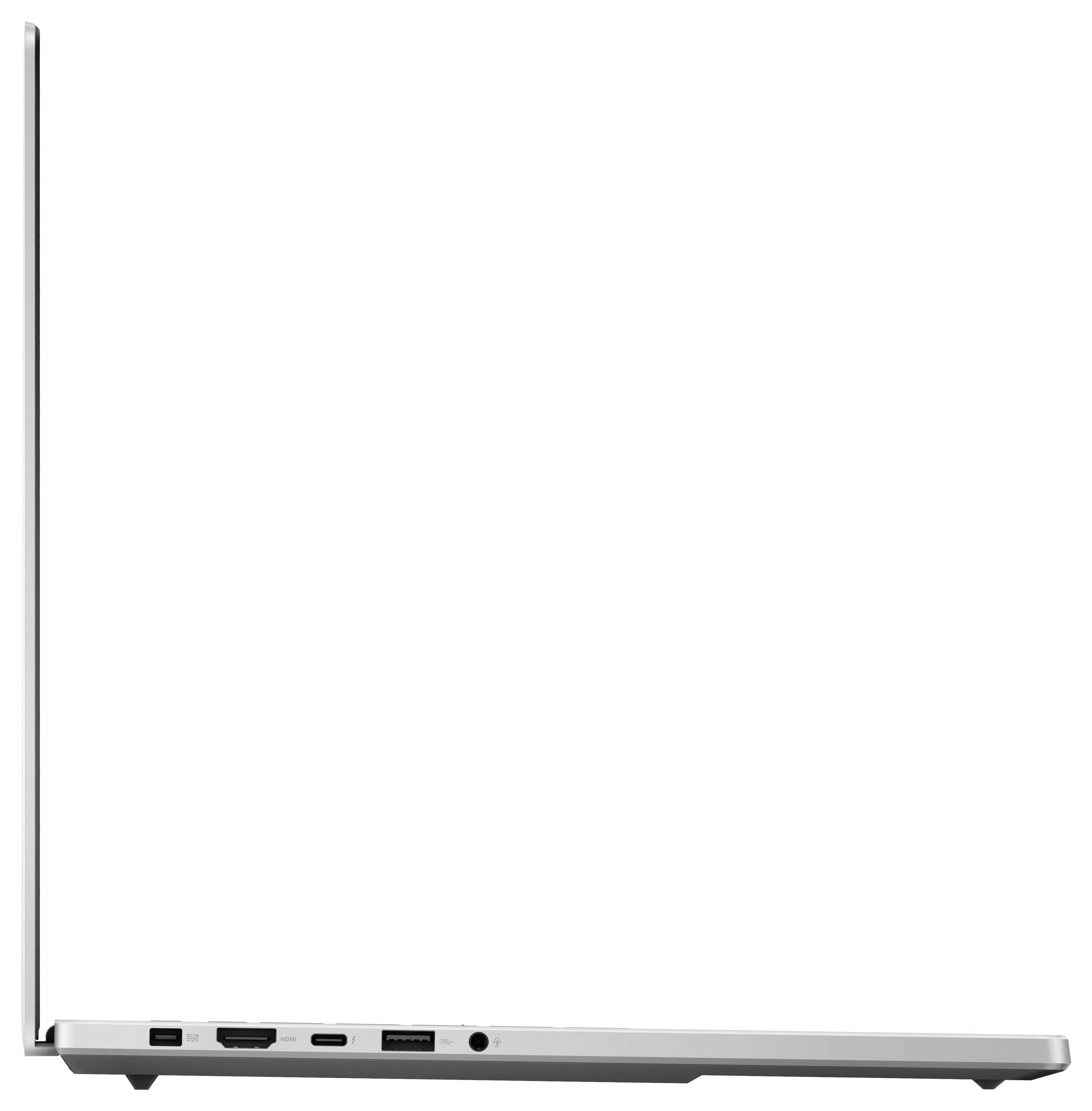 Ein geöffneter Laptop von der linken Seite gezeigt, mit mehreren Anschlüssen, darunter USB und HDMI, sichtbar.