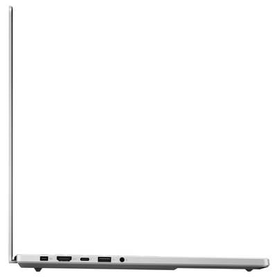 Ein geöffneter Laptop von der linken Seite gezeigt, mit mehreren Anschlüssen, darunter USB und HDMI, sichtbar.