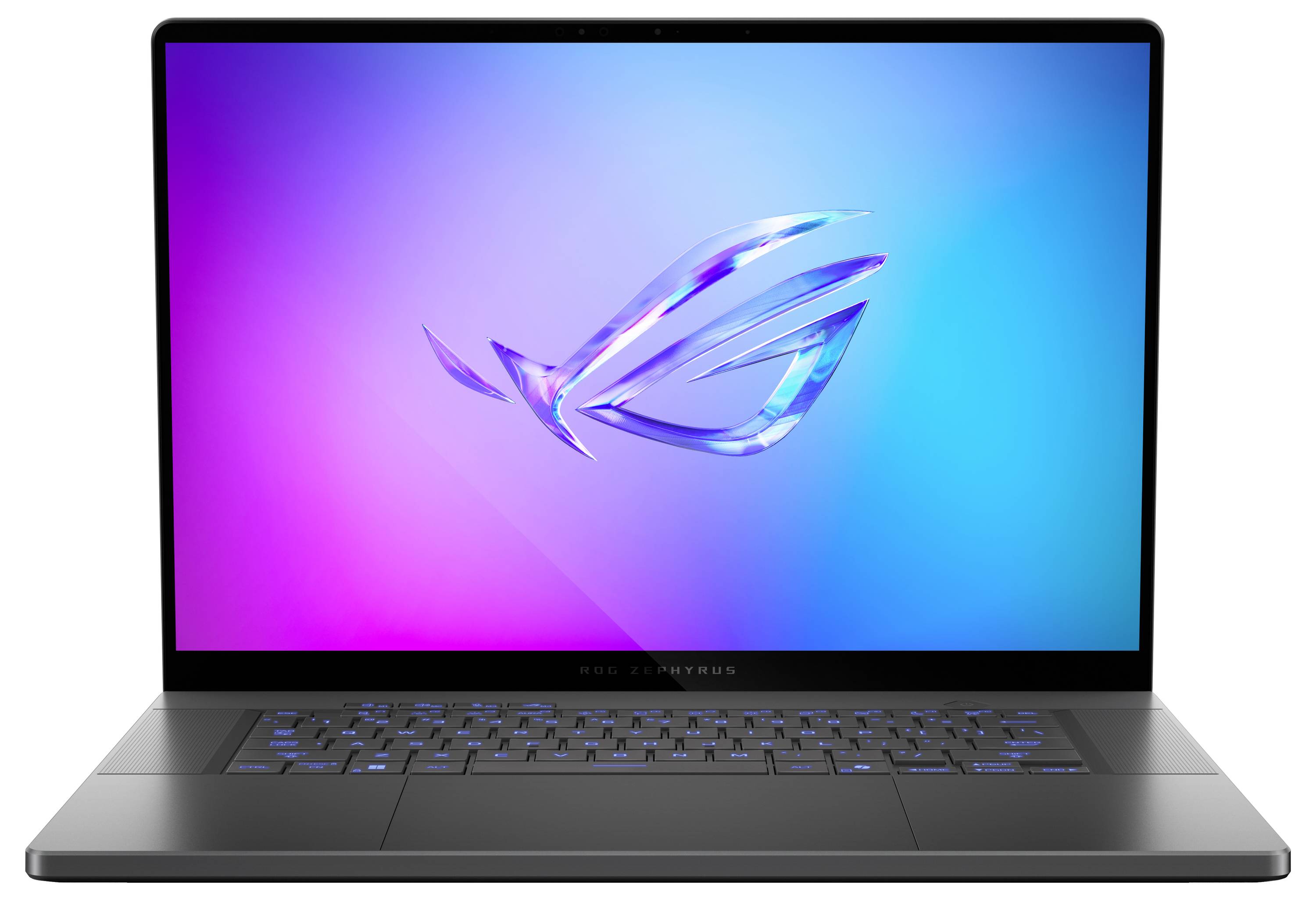 Laptop mit beleuchteter Tastatur, schwarzem Gehäuse und einem Bildschirm, der ein farbenfrohes Logo vor blau-pinkem Hintergrund zeigt.