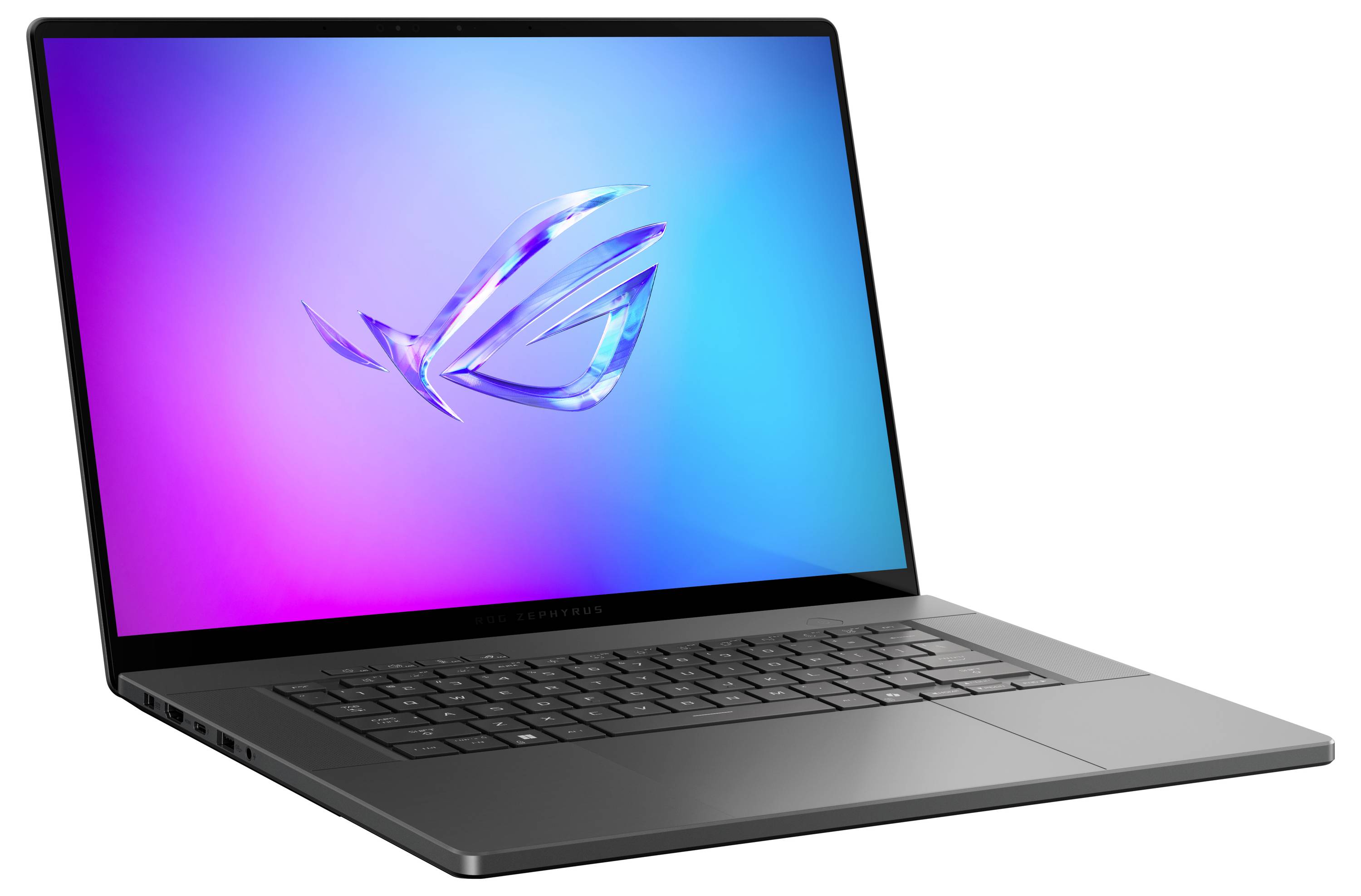 Ein grauer Laptop mit offenem Bildschirm zeigt das bunte Logo eines Herstellers auf blau-türkisem Hintergrund.