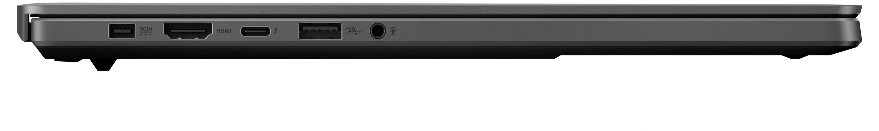 Seitenansicht eines Laptops, der verschiedene Anschlüsse wie USB, HDMI und Kopfhöreranschluss zeigt.