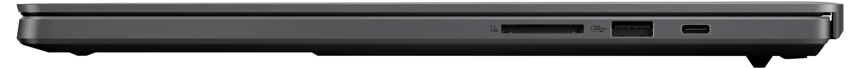 Ein schwarzer Laptop von der Seite gesehen, zeigt Einschub- und Anschlussmöglichkeiten.