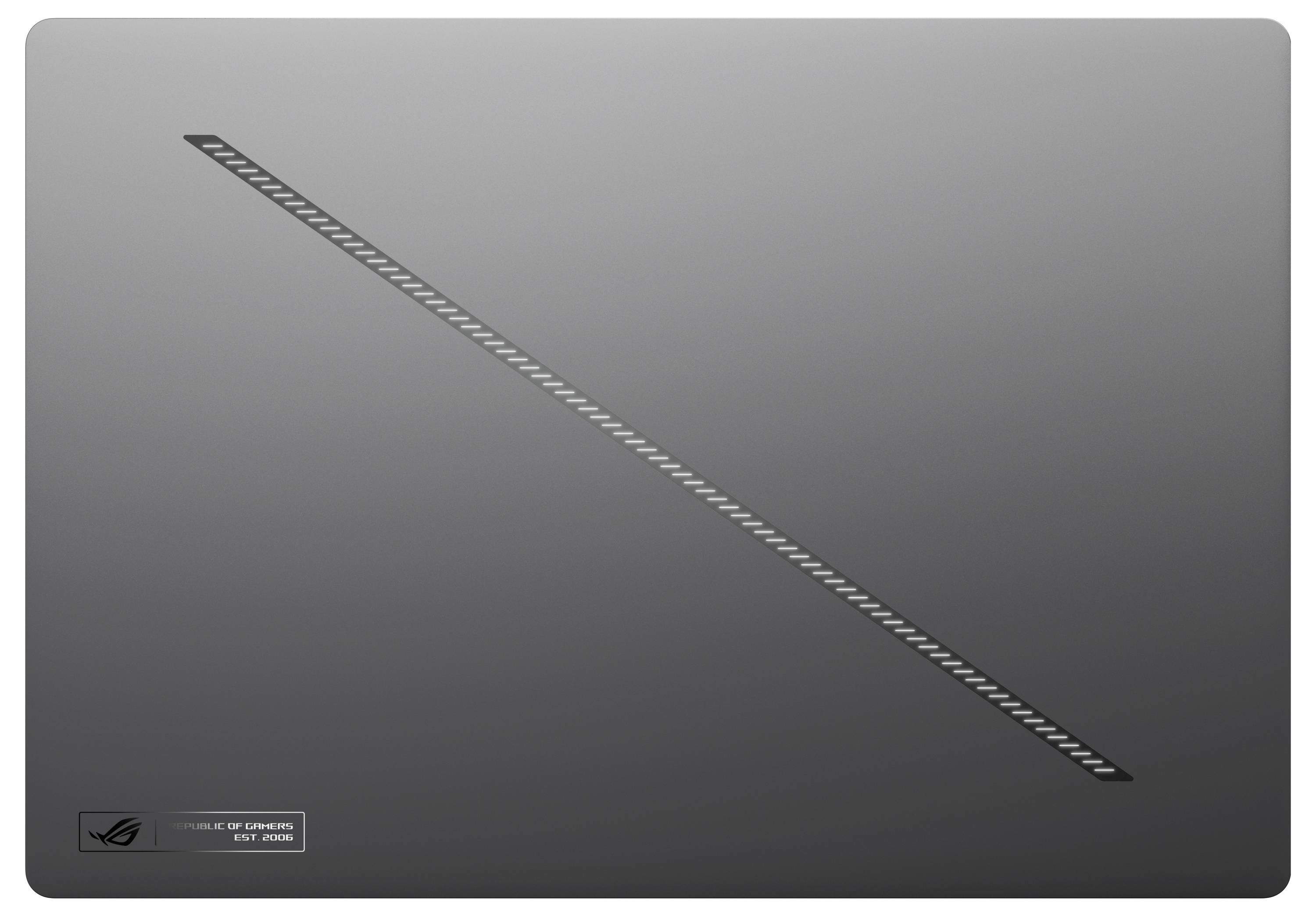 Der Laptop-Deckel zeigt ein diagonales Muster auf einem grauen Hintergrund mit einem Logo in der Ecke unten links.