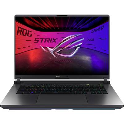 Ein Laptop mit eingeschaltetem Bildschirm zeigt das Logo und den Schriftzug 'ROG Strix GAMER' vor einem futuristischen Hintergrund.