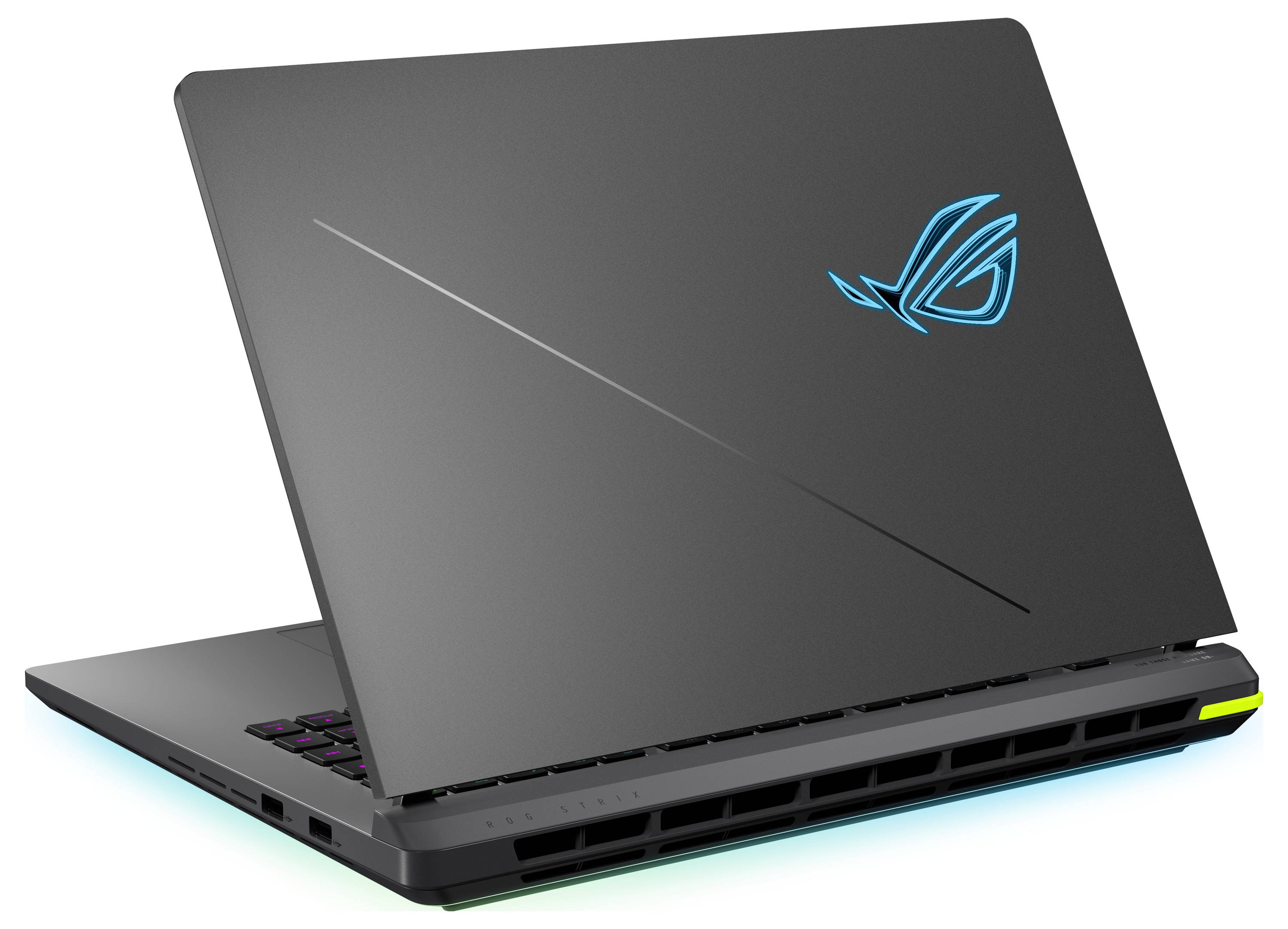 Ein schwarzer Laptop mit blau leuchtendem Logo und belüfteter Rückseite, geöffnet und von hinten schräg abgebildet.