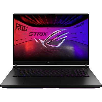 Ein Laptop mit leuchtendem Hintergrund und dem Text 'ROG Strix Gamer'. Markenlogo zentral auf dem Bildschirm sichtbar.