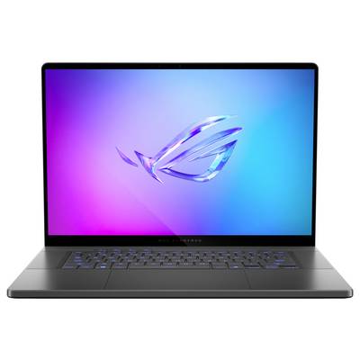 Ein Laptop mit einem leuchtenden Bildschirm, auf dem ein buntes Logo in Blau und Violett zu sehen ist.