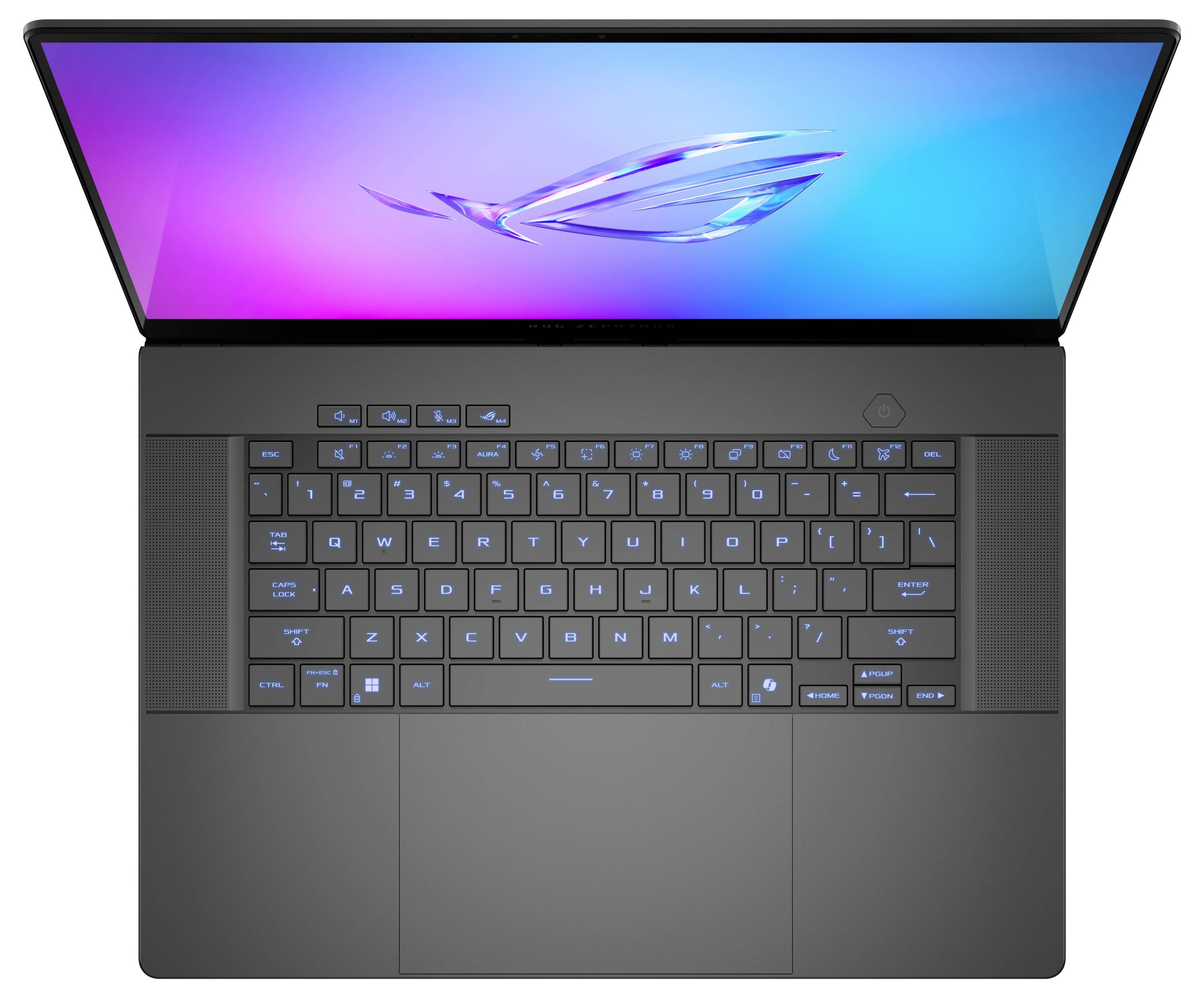 Ein moderner Laptop mit beleuchteter Tastatur und einem Bildschirm, der ein blau-violettes Hintergrundbild zeigt.