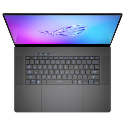 Ein moderner Laptop mit beleuchteter Tastatur und einem Bildschirm, der ein blau-violettes Hintergrundbild zeigt.