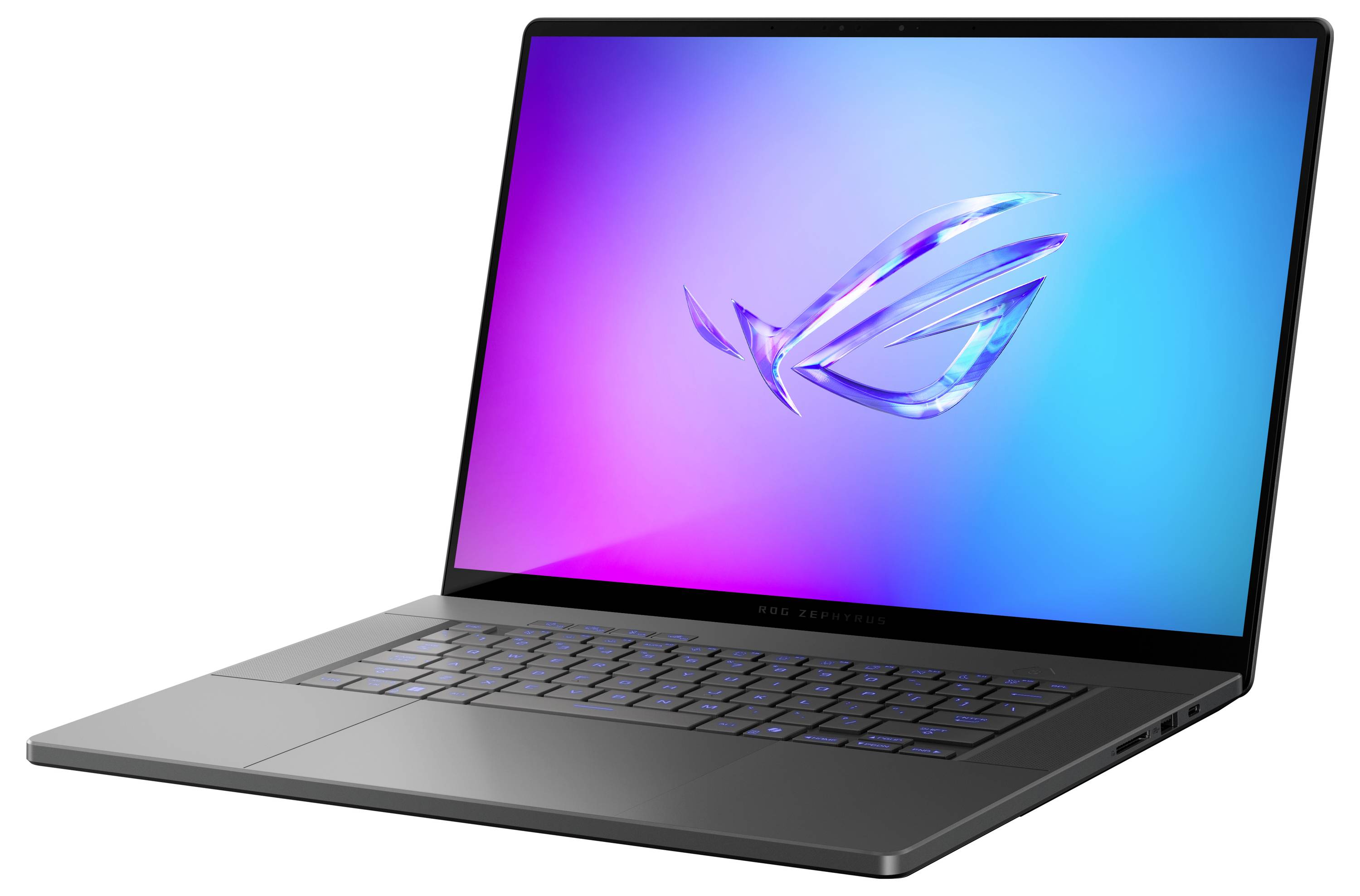 Ein moderner Laptop mit schwarzem Gehäuse und beleuchteter Tastatur. Auf dem Bildschirm ist ein buntes, leuchtendes Logo zu sehen.