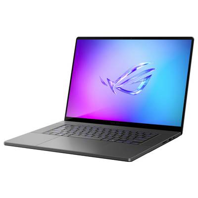 Ein moderner Laptop mit schwarzem Gehäuse und beleuchteter Tastatur. Auf dem Bildschirm ist ein buntes, leuchtendes Logo zu sehen.