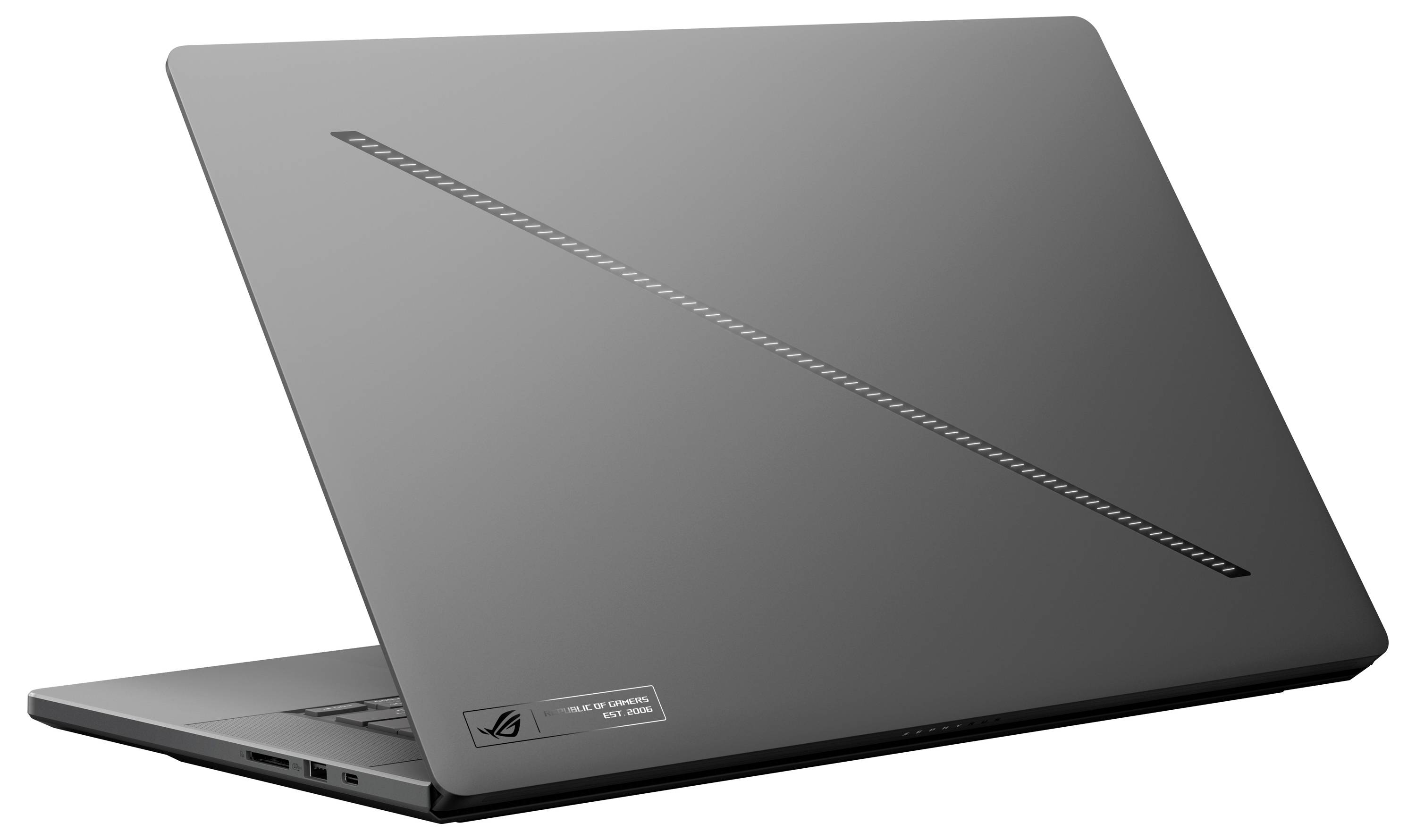 Ein graues Laptop mit geschlossenem Deckel, zeigt dezente diagonale Linie und Logos, geeignet für Gaming oder professionelle Nutzung.