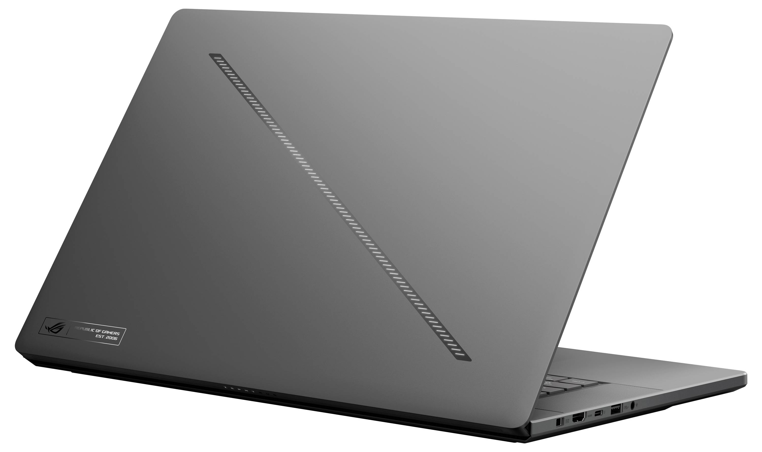 Schwarzer Laptop mit geschlossenem Display, leicht angewinkelt. Sichtbar sind das markante Design auf der Rückseite und Anschlüsse an der Seite.