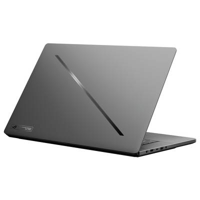 Ein Laptop mit einem mattschwarzen Gehäuse ist von hinten zu sehen. Das Design ist einfach mit einer diagonalen Linie verziert.