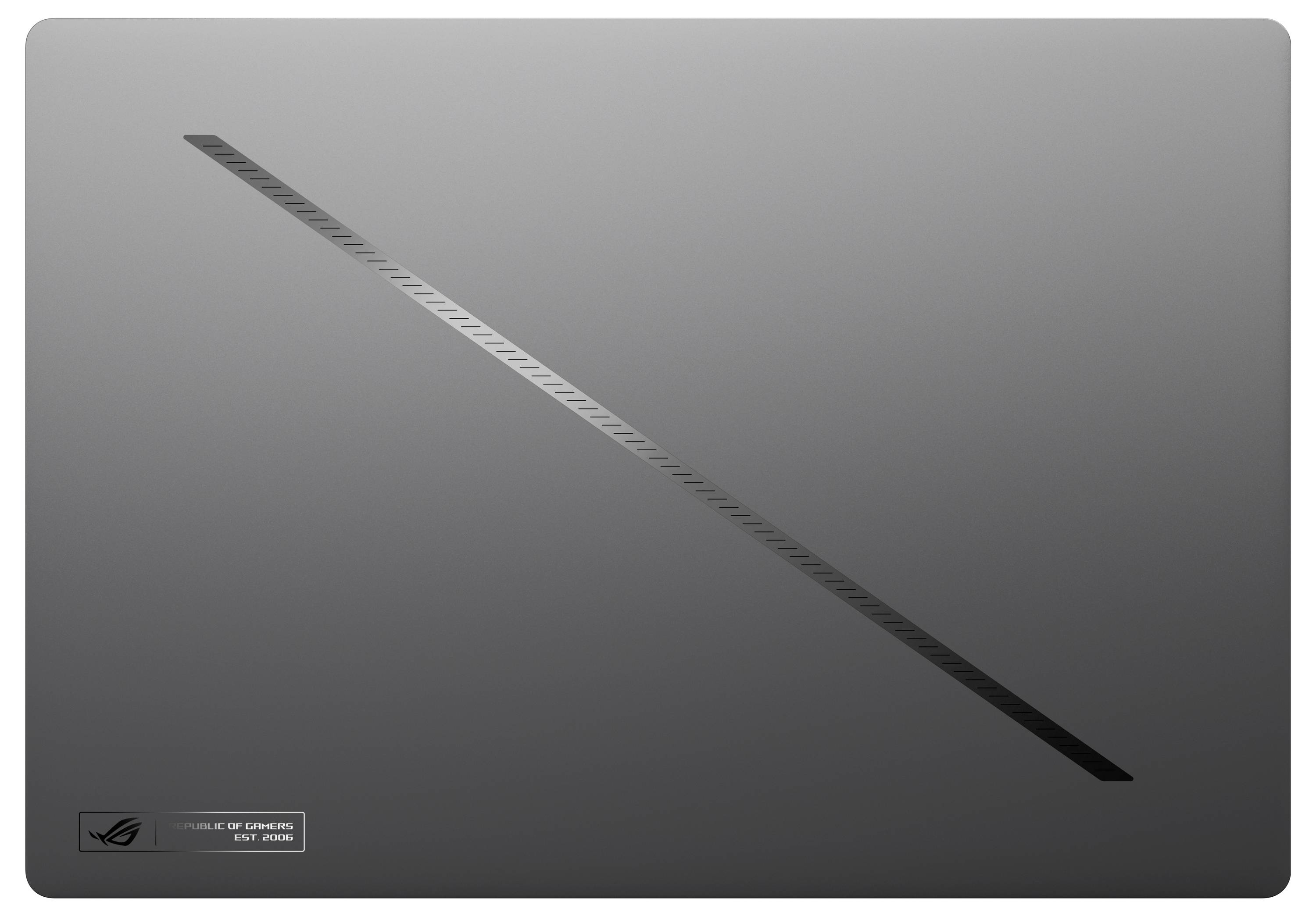 Grauer Laptop-Deckel mit diagonalem Streifen in der Mitte. Unten links befindet sich ein kleines Logo und Text, die Marke und Modellnummer anzeigen.