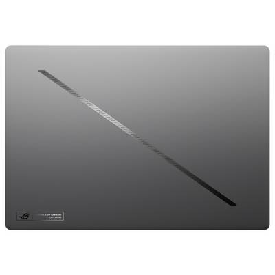 Grauer Laptop-Deckel mit diagonalem Streifen in der Mitte. Unten links befindet sich ein kleines Logo und Text, die Marke und Modellnummer anzeigen.