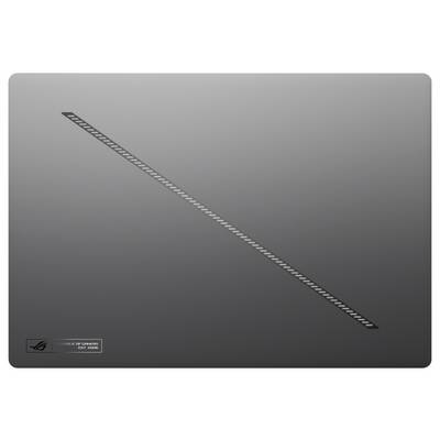 Graue Laptop-Oberfläche mit diagonalem Streifenmuster und kleinem Logo in der Ecke unten links.