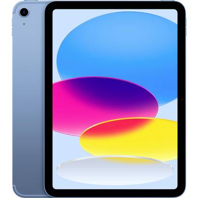 Ein blaues Tablet mit farbenfrohem Display zeigt ovale Formen in Blau, Pink, Gelb und Weiß.