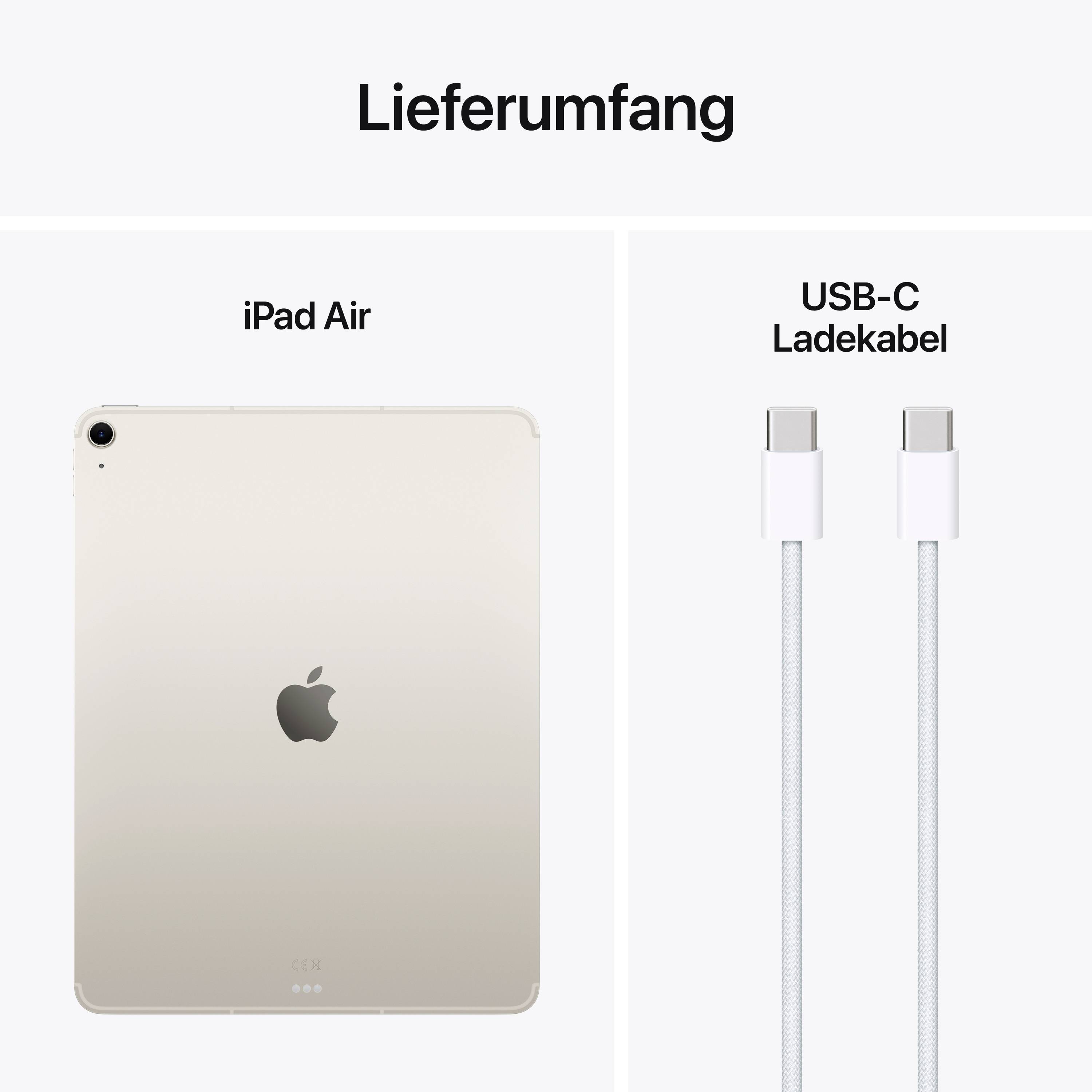 'Lieferumfang' zeigt ein silbernes iPad Air und ein USB-C-Ladekabel nebeneinander.