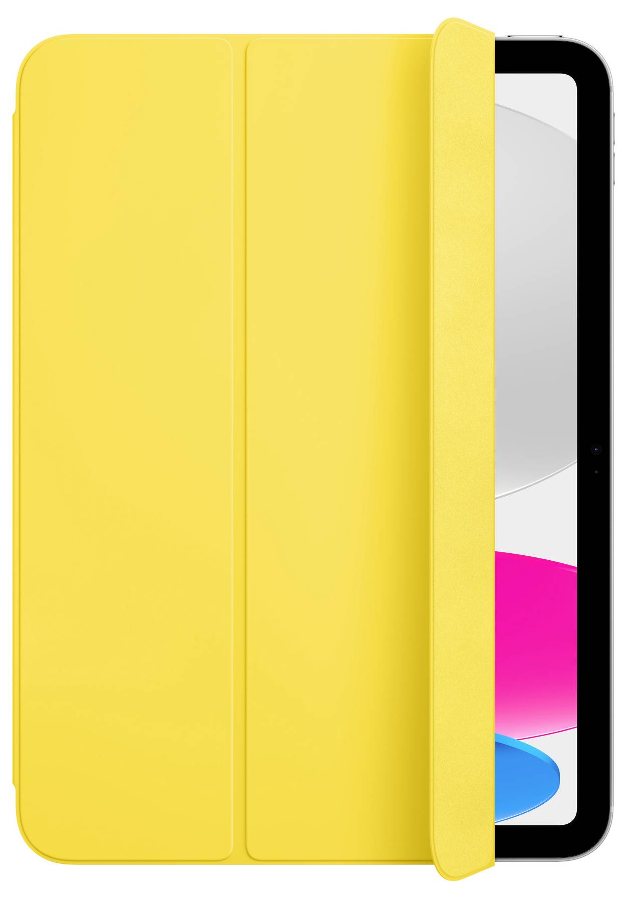 Gelbes Smart Cover auf einem Tablet, das teils geöffnet ist und einen Bildschirm mit bunten, kreisförmigen Formen zeigt.