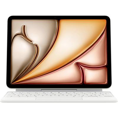 Ein Tablet mit Tastatur zeigt ein abstraktes Design auf dem Bildschirm, das fließende Formen in Braun- und Orangetönen darstellt.