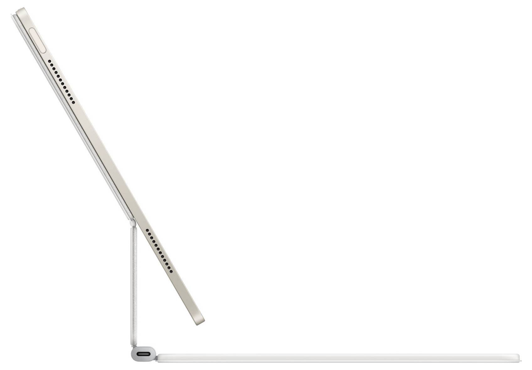 Ein Tablet in einstellbarem Klappe-Stand mit Tastatur, Seitenansicht. Das Gerät ist leicht geneigt.