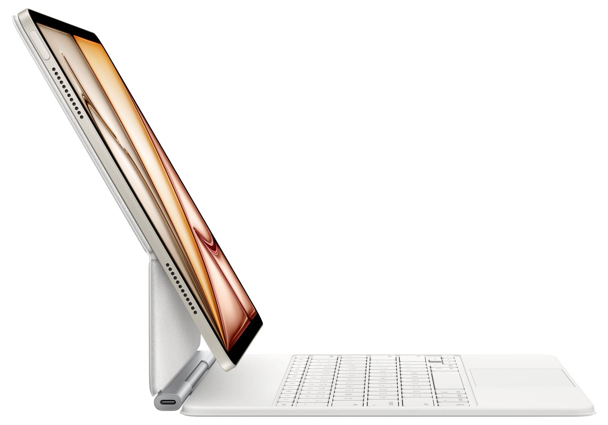 Seitliche Ansicht eines Tablets mit Tastatur in einem Winkelständer. Das Display zeigt ein abstraktes, orangefarbenes Muster.