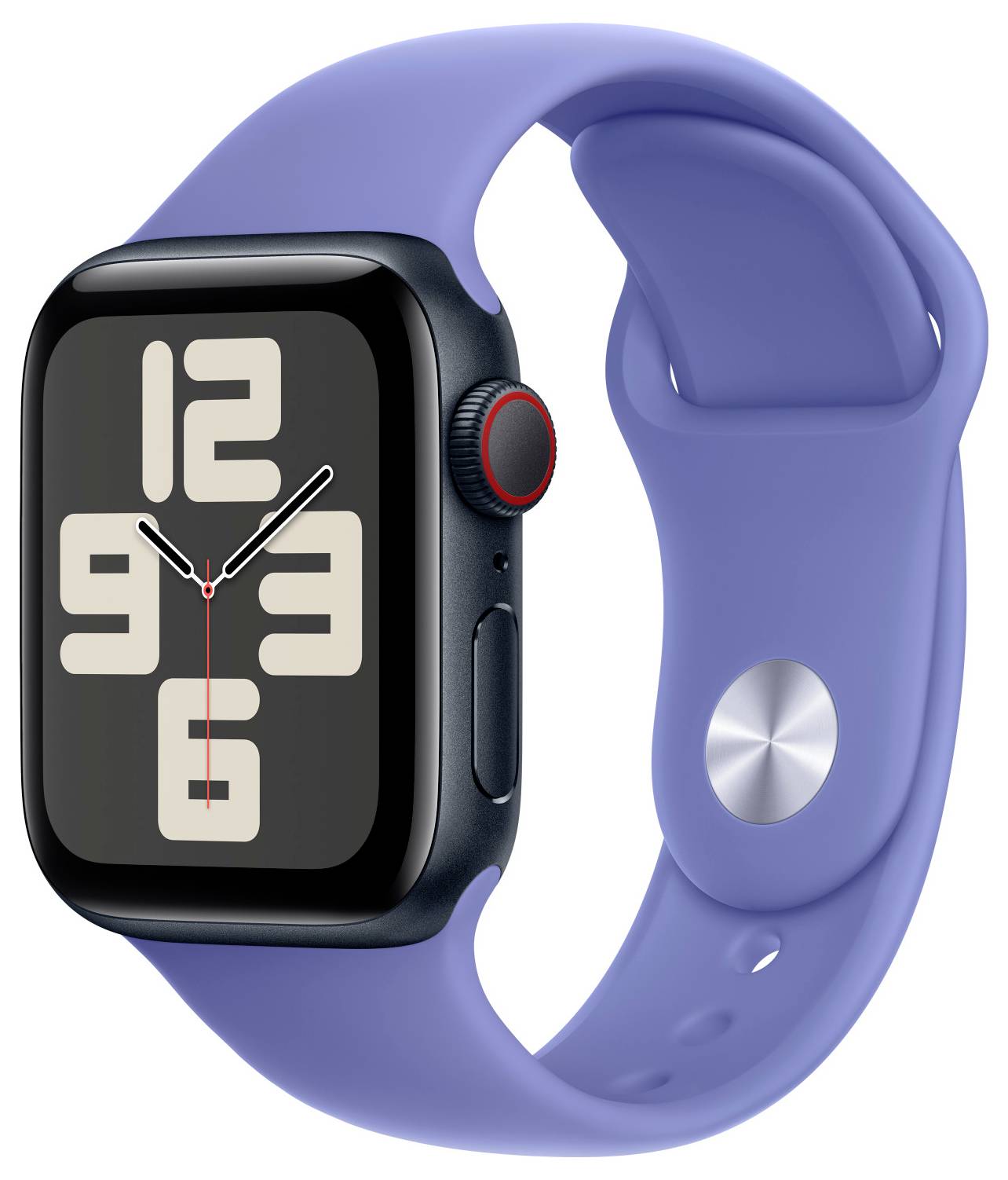 Eine Smartwatch mit blauem Armband zeigt eine analoge Uhranzeige mit großen, weiß- und rotgefärbten Zahlen auf schwarzem Zifferblatt.