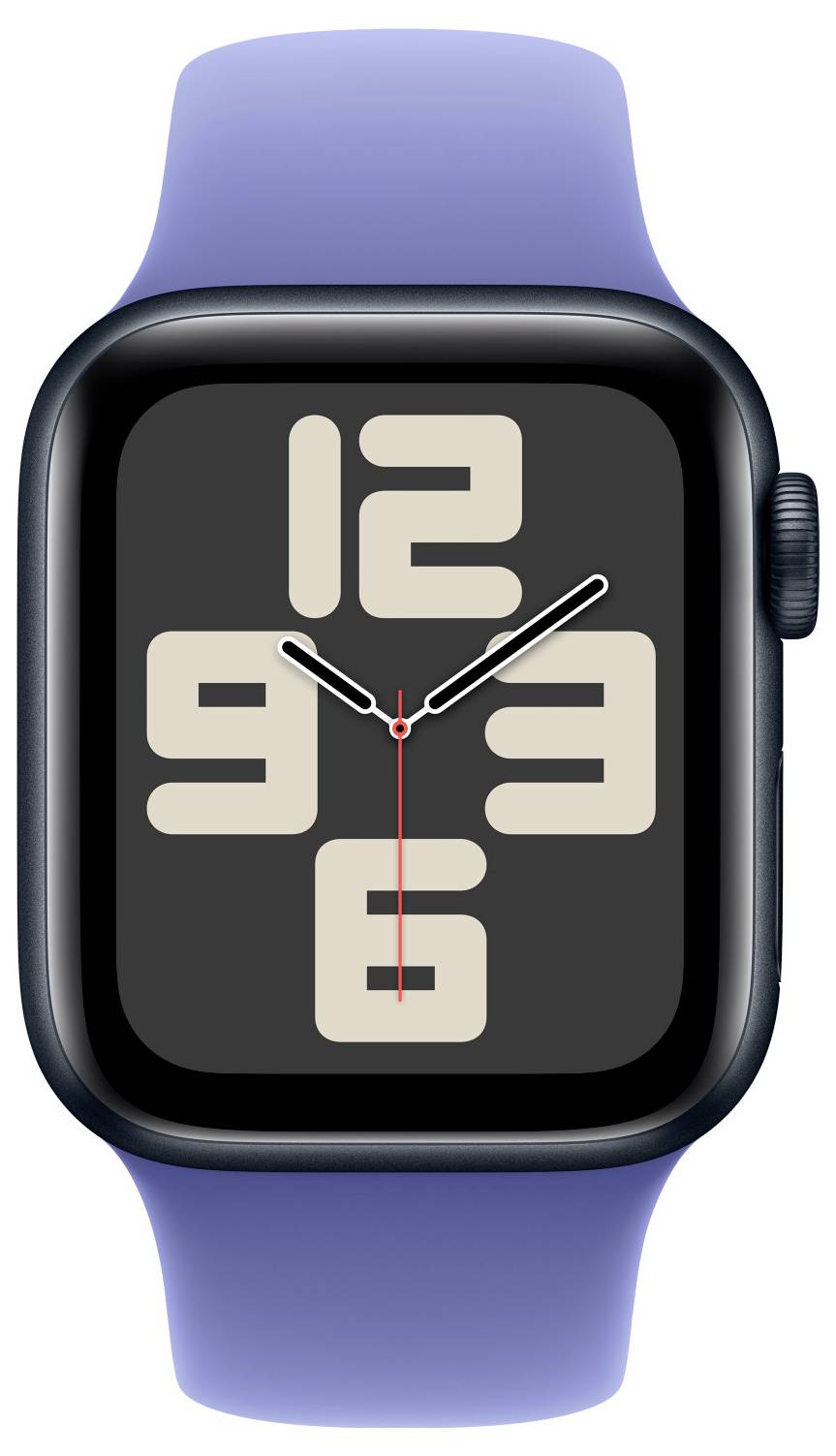 Eine Smartwatch mit blauer Armbanduhr zeigt eine analoge Zeit mit großen, stilisierten Zahlen auf einem schwarzen Bildschirmhintergrund.