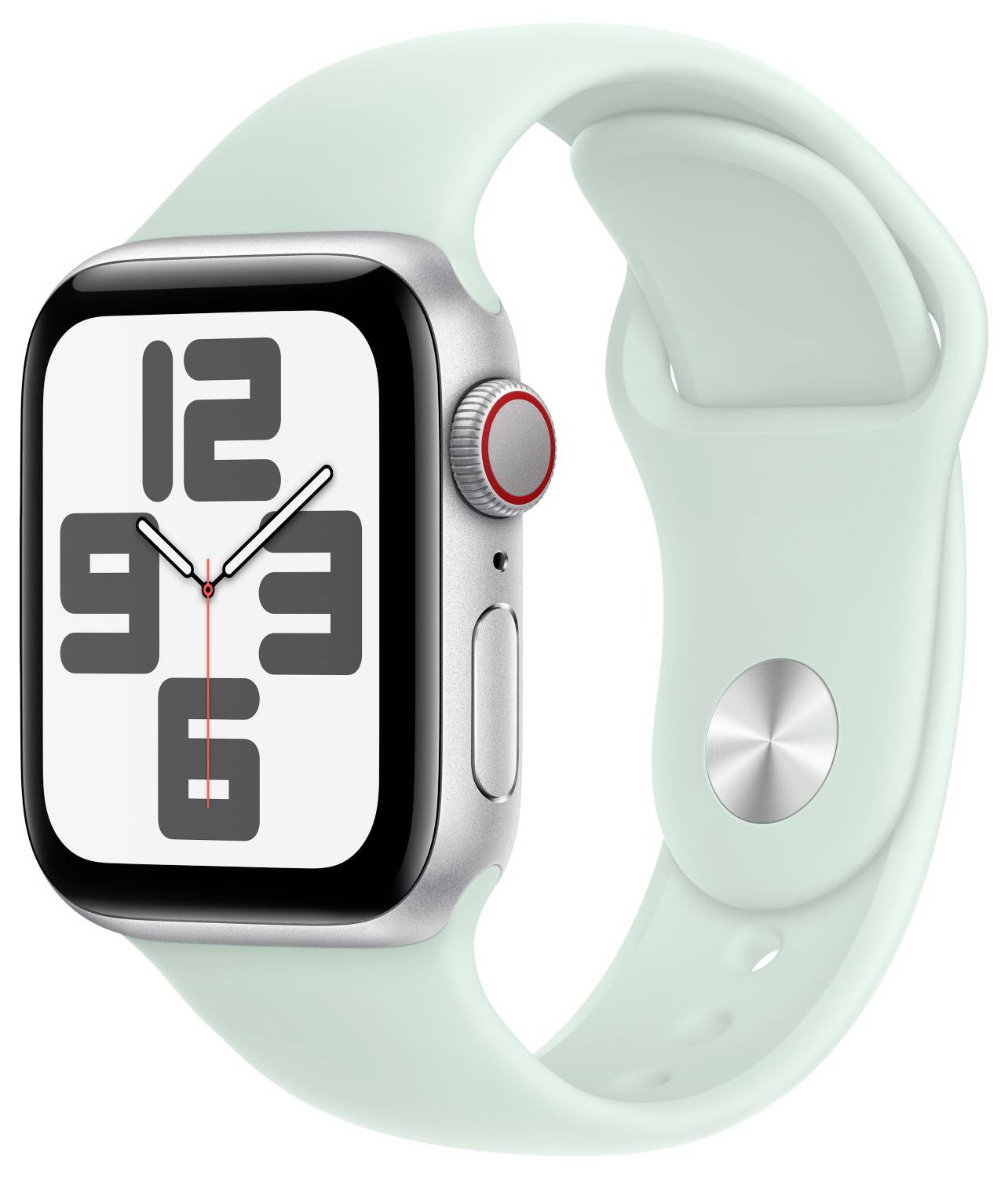 Eine Smartwatch mit hellgrünem Armband und großem Zifferblatt zeigt 10:10 Uhr an.
