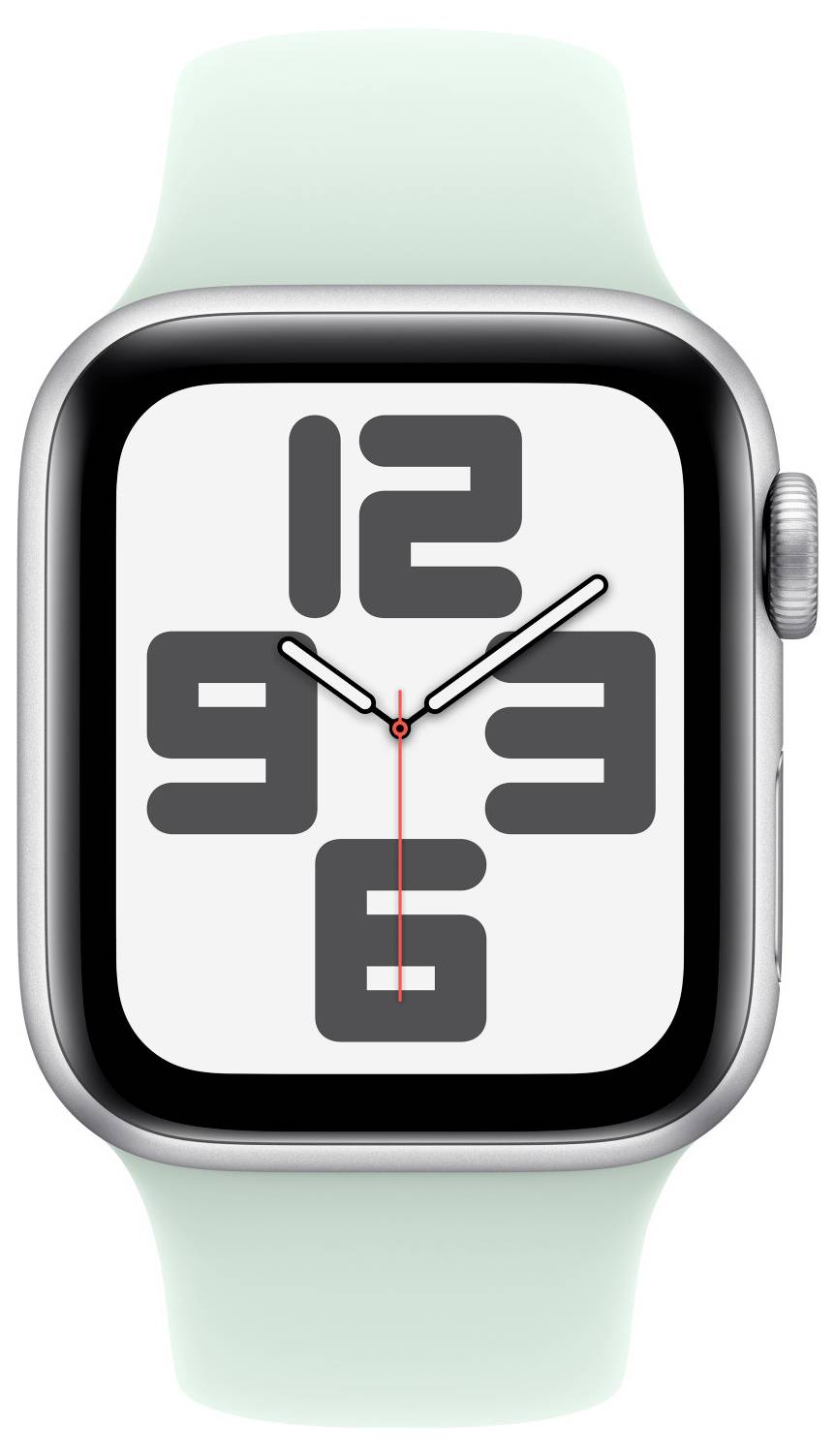 Eine Smartwatch mit digitalem Ziffernblatt, großen schwarzen Zahlen und einem weißen Hintergrund, zeigt ca. 10:10 Uhr.