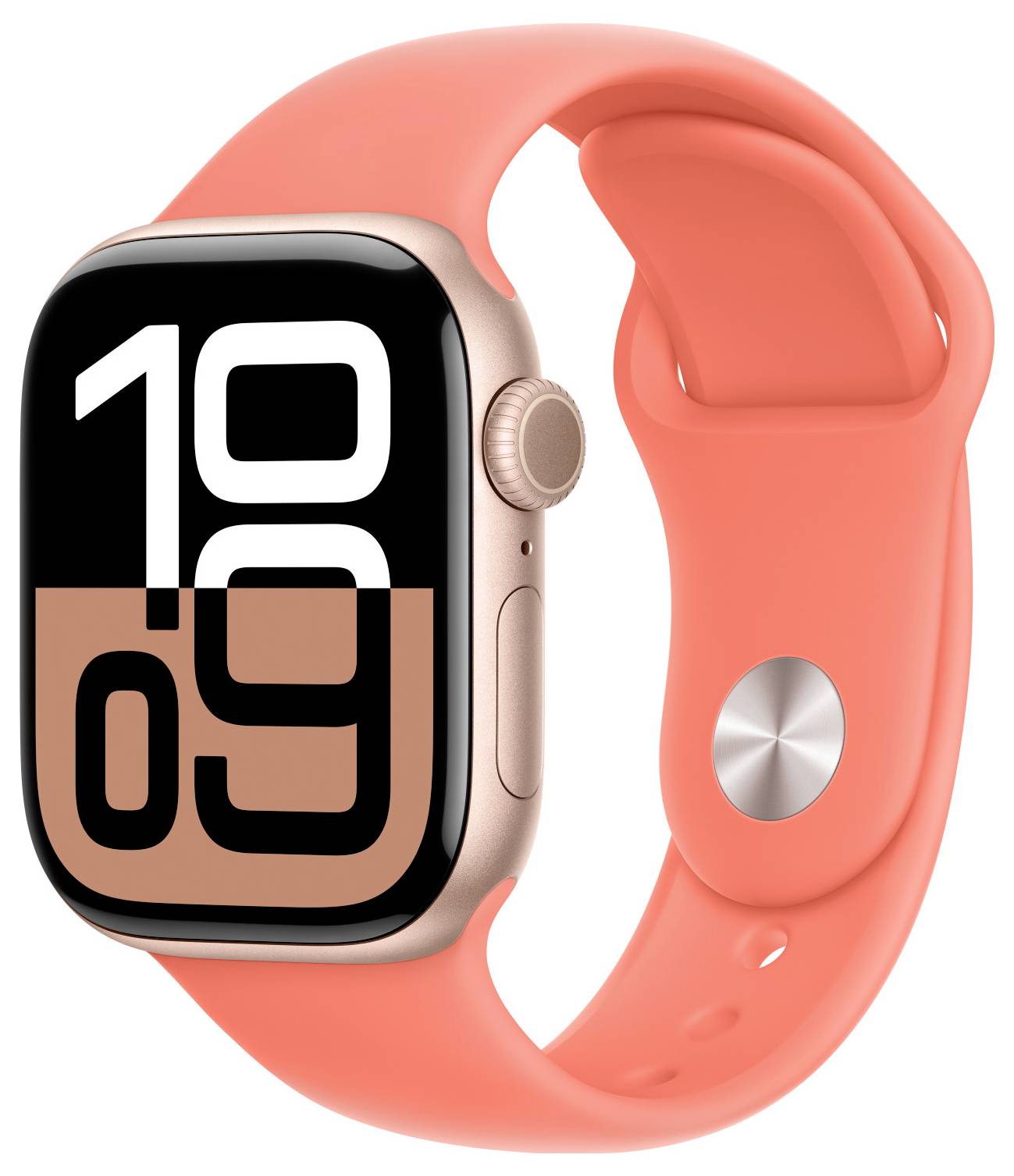 Eine Smartwatch mit orangefarbenem Armband zeigt die Uhrzeit '10:09' auf einem digitalen Zifferblatt.