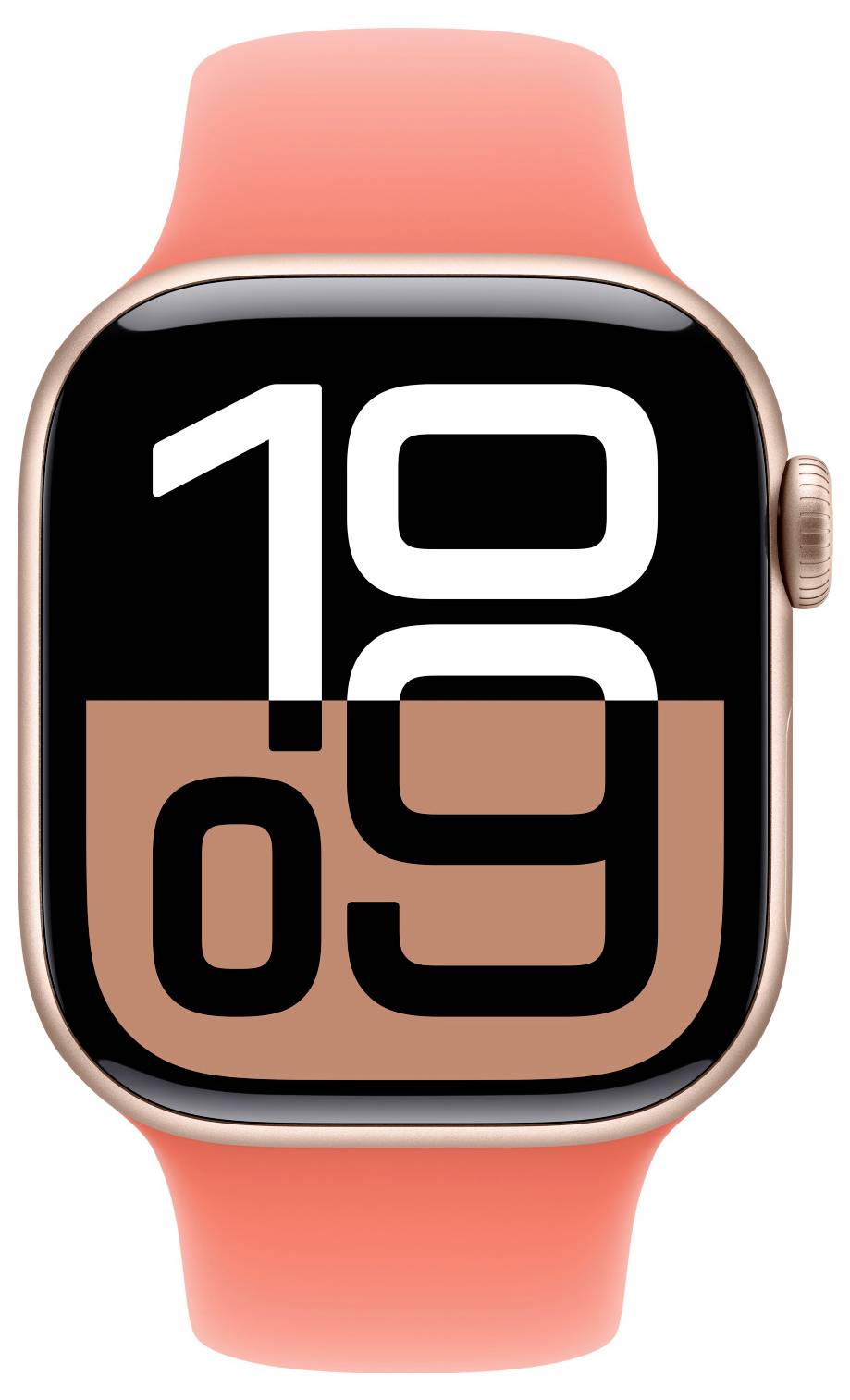 Eine Smartwatch mit orangefarbenem Armband zeigt die digitale Uhrzeit '10:09' in großen Zahlen auf dem Display an.