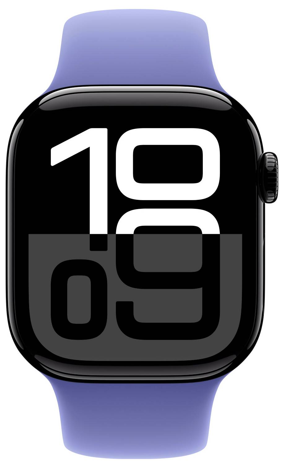 Eine Smartwatch mit blauem Armband zeigt digital '10:09' auf einem schwarzen Zifferblatt.