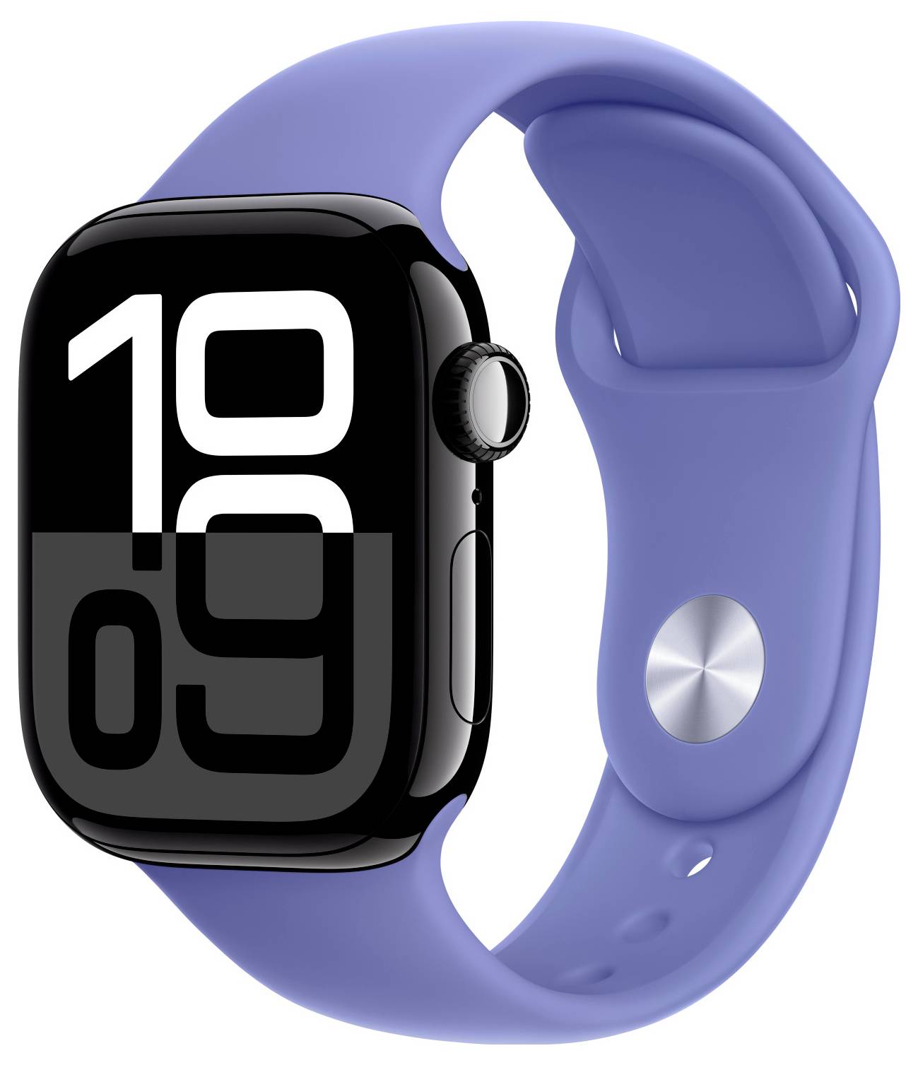 Eine schwarze Smartwatch mit hellblauem Armband zeigt die Uhrzeit '10:09' auf einem großen digitalen Display.